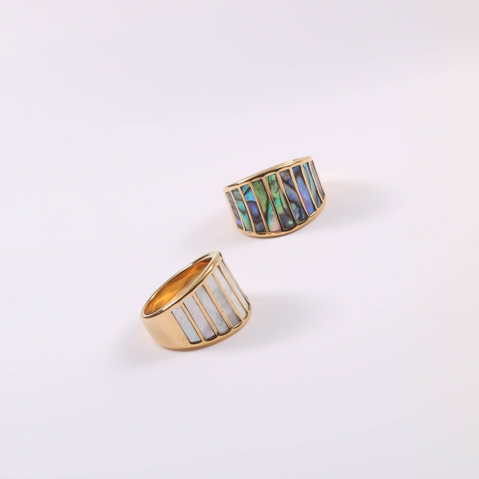 Stella Abalone Shell Statement Ring featuring geometric design and natural abalone shell stones, set in 18K gold plated stainless steel.