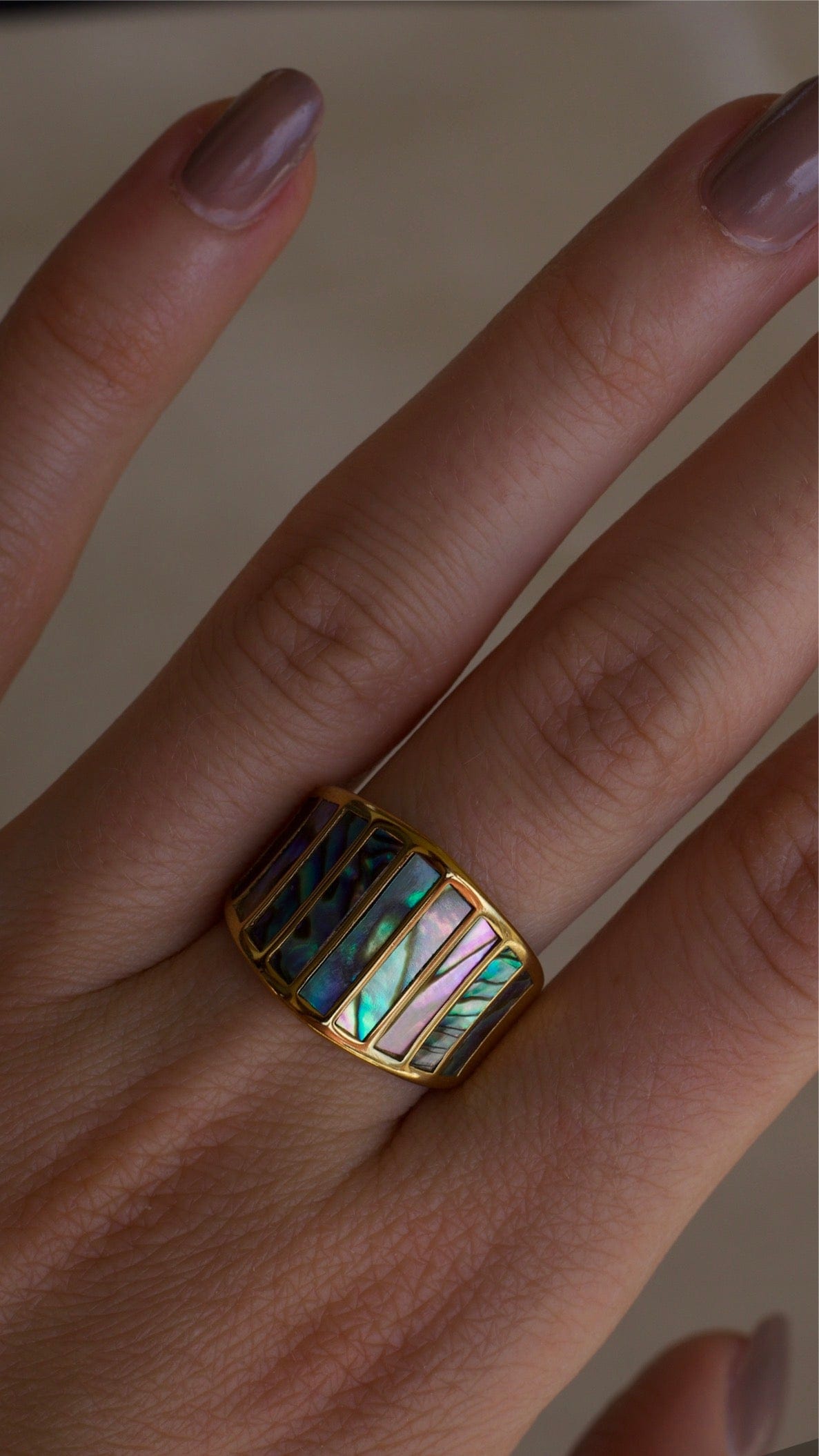 Stella Abalone Shell Statement Ring featuring geometric design and natural abalone shell stones, set in 18K gold plated stainless steel.