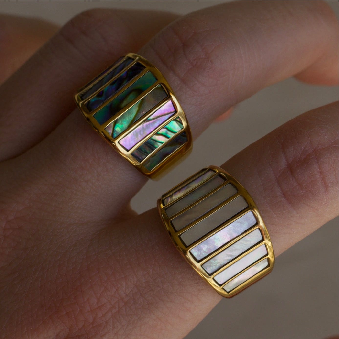 Stella Abalone Shell Statement Ring featuring geometric design and natural abalone shell stones, set in 18K gold plated stainless steel.