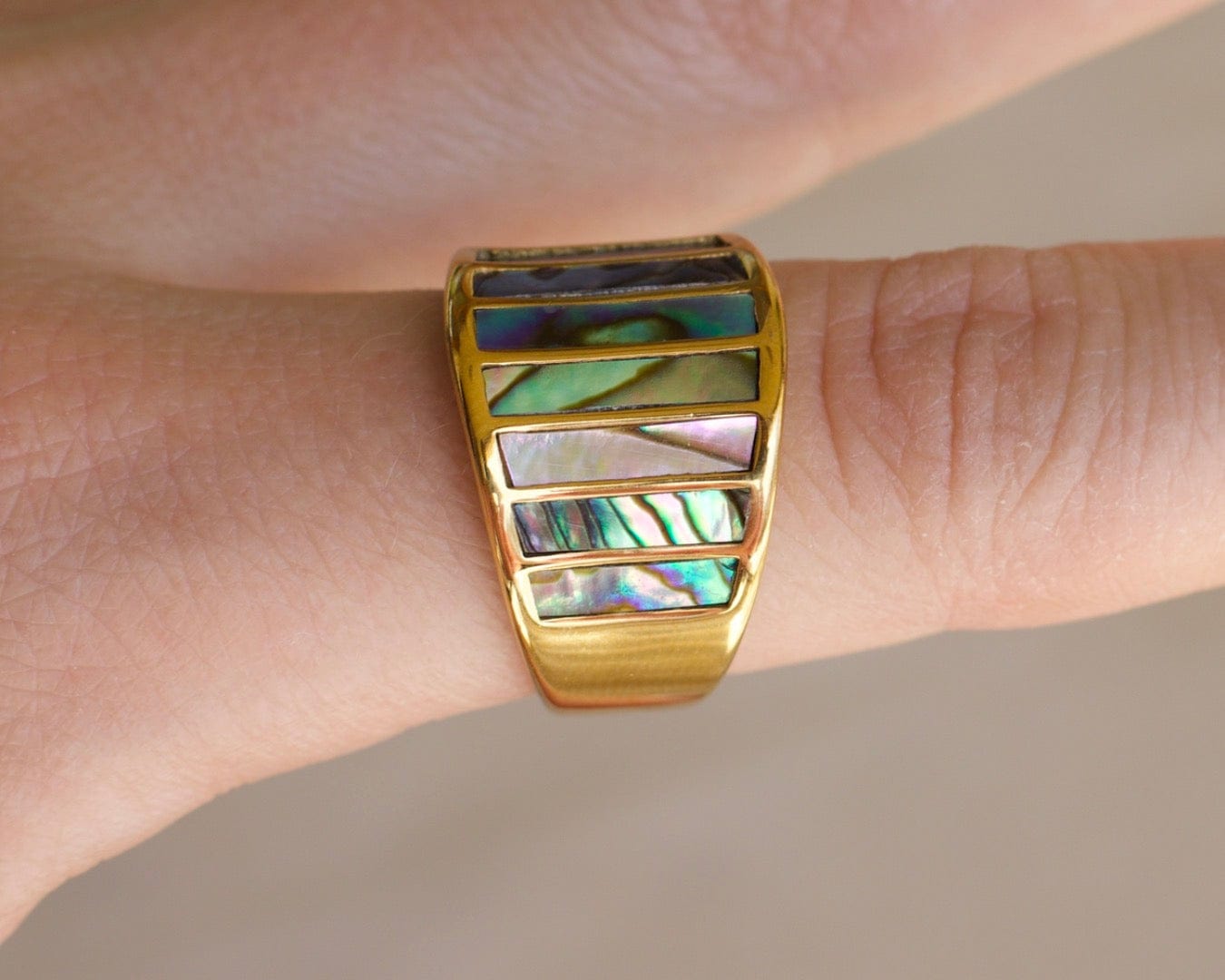 Stella Abalone Shell Statement Ring featuring geometric design and natural abalone shell stones, set in 18K gold plated stainless steel.