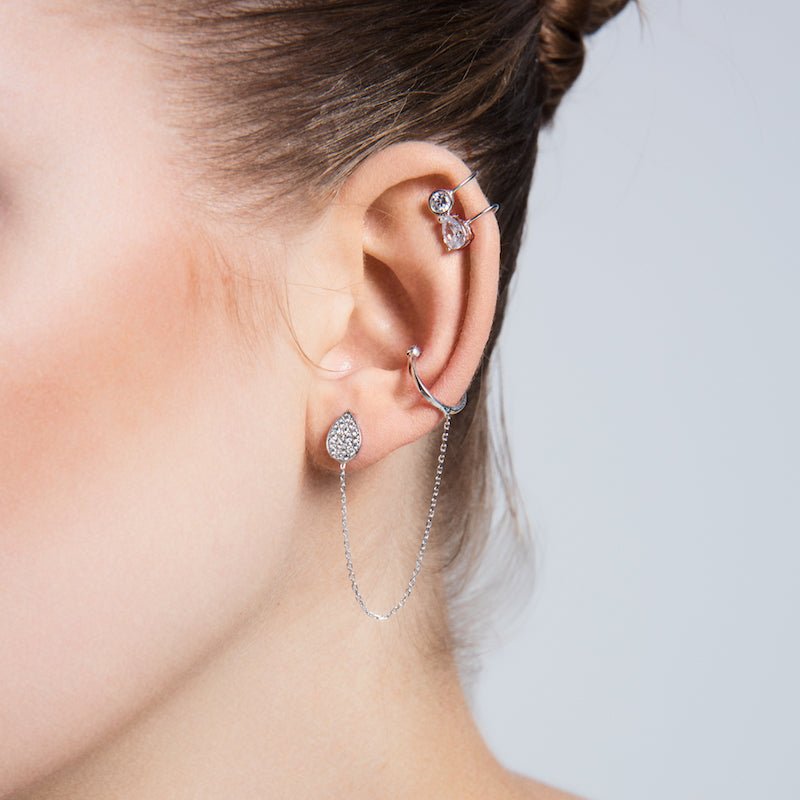 Stella Silver Threader Ear Cuffs Earrings Set featuring handmade 925 sterling silver with CZ crystals, including a threader and bezel ear cuff.