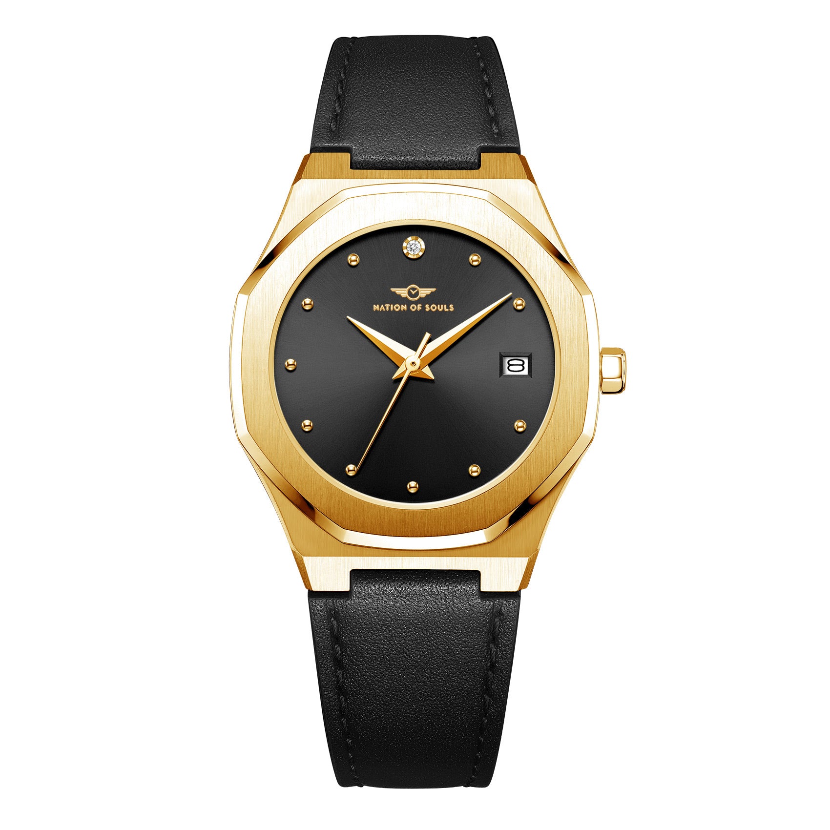 Stellar Gold-Black watch featuring a stainless steel case, Sunray dial, and stud hour markers.