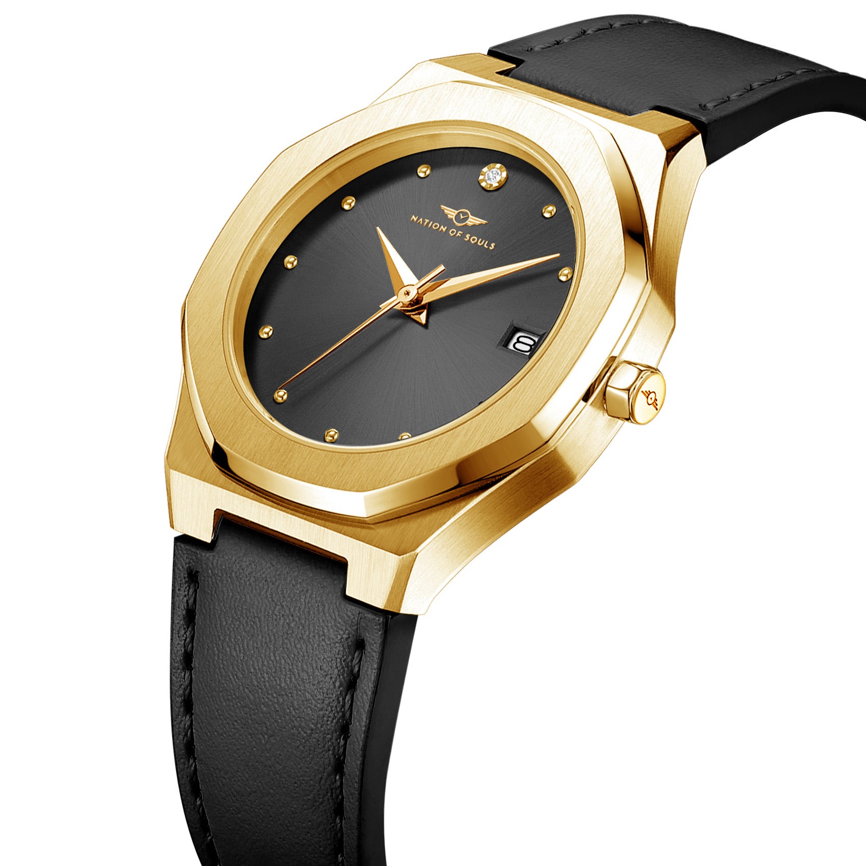 Stellar Gold-Black watch featuring a stainless steel case, Sunray dial, and stud hour markers.