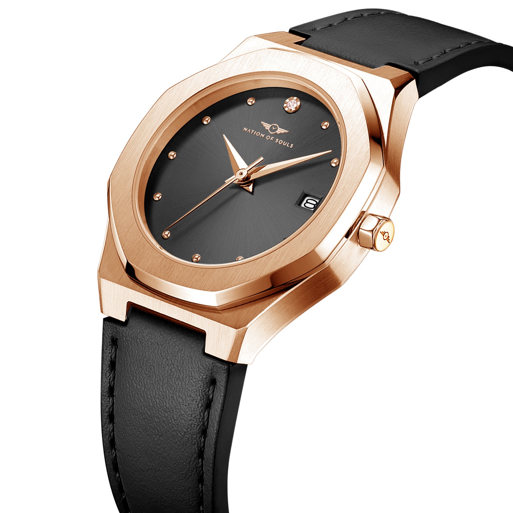 Stellar Rose Gold - Black watch featuring a stainless steel case, Sunray dial, and glistening stud hour markers.