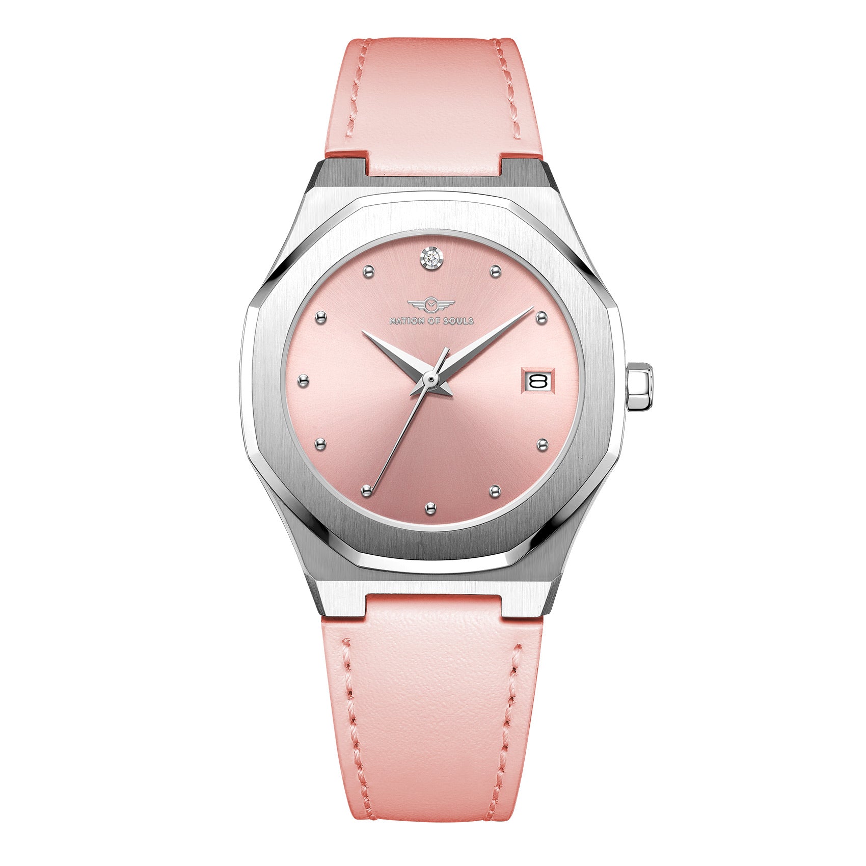 Stellar Silver - Blush watch featuring a stainless steel case, Sunray dial, and stud hour markers, perfect for elegant occasions.