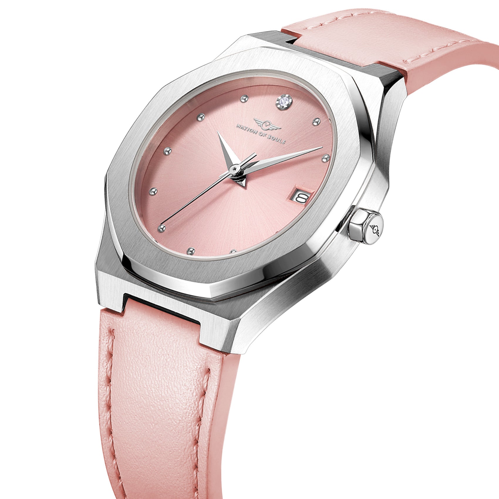 Stellar Silver - Blush watch featuring a stainless steel case, Sunray dial, and stud hour markers, perfect for elegant occasions.