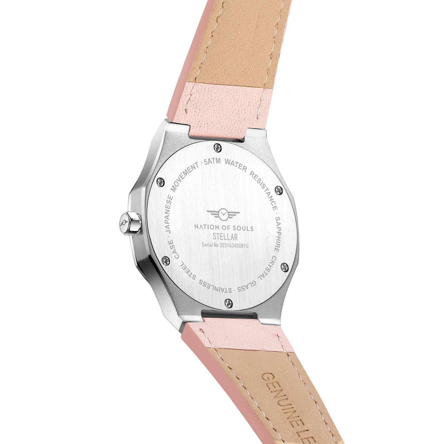 Stellar Silver - Blush watch featuring a stainless steel case, Sunray dial, and stud hour markers, perfect for elegant occasions.