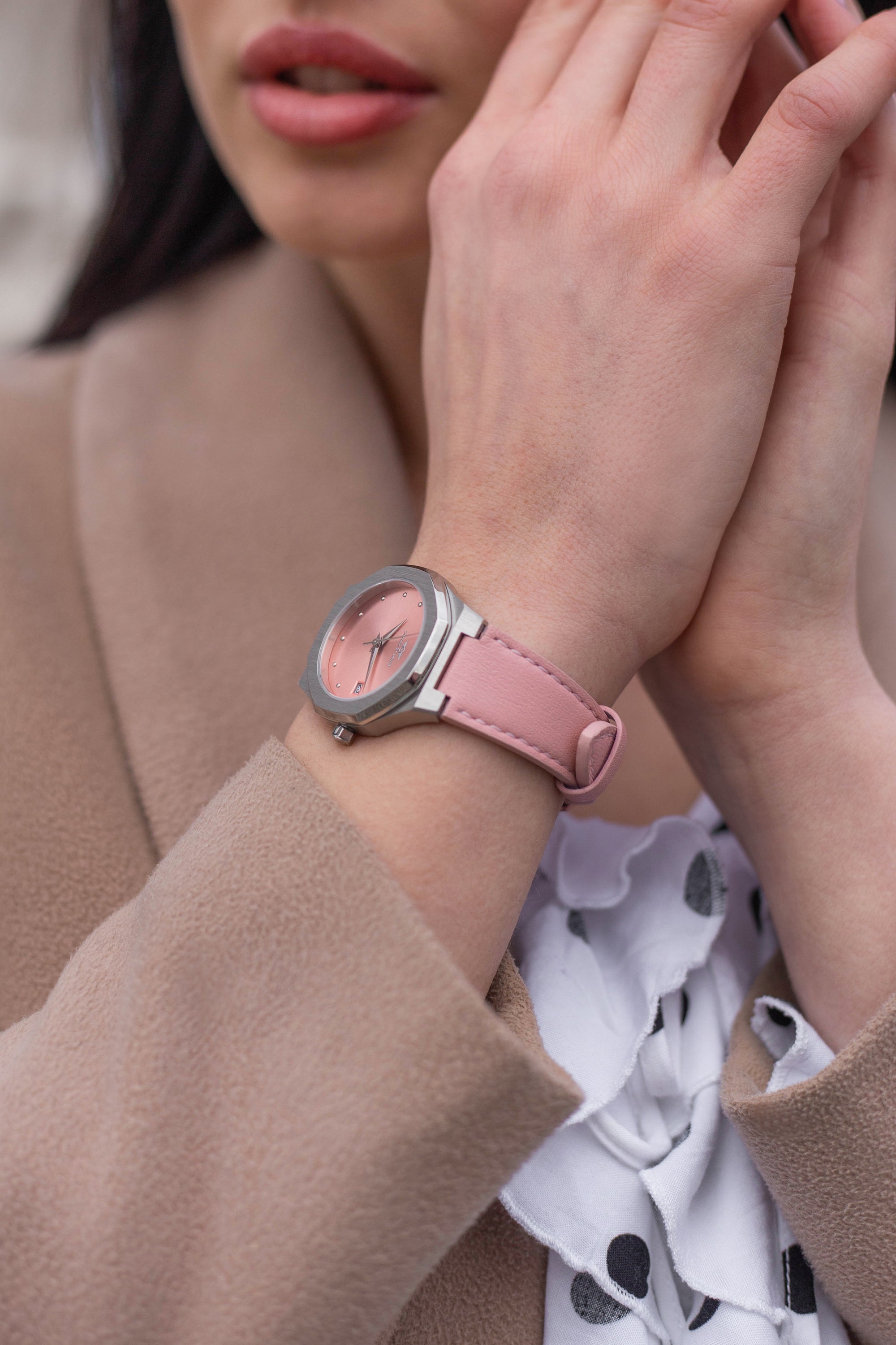 Stellar Silver - Blush watch featuring a stainless steel case, Sunray dial, and stud hour markers, perfect for elegant occasions.