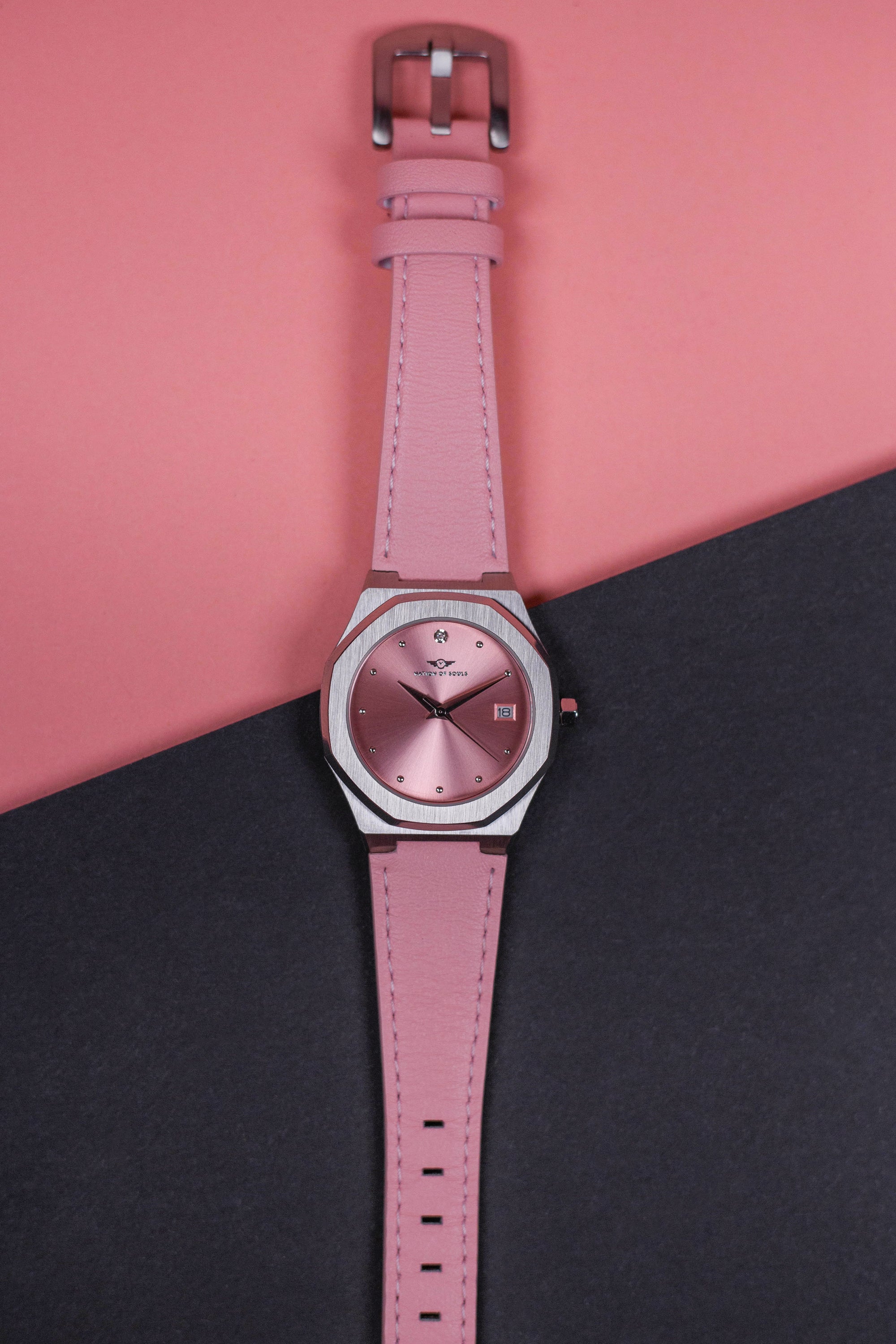 Stellar Silver - Blush watch featuring a stainless steel case, Sunray dial, and stud hour markers, perfect for elegant occasions.