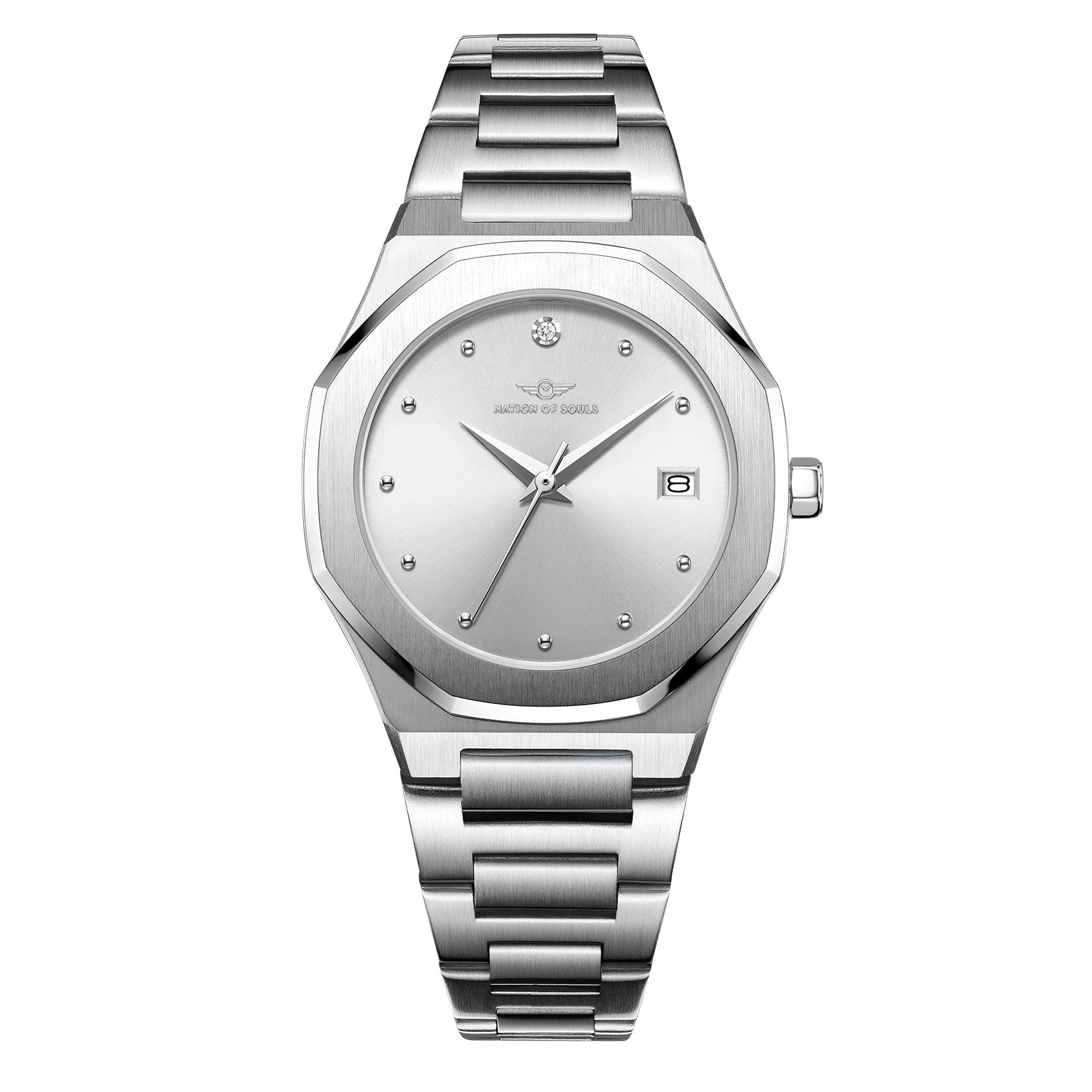 Stellar Silver watch featuring a stainless steel case, Sunray dial, and stud hour markers, perfect for elegant occasions.