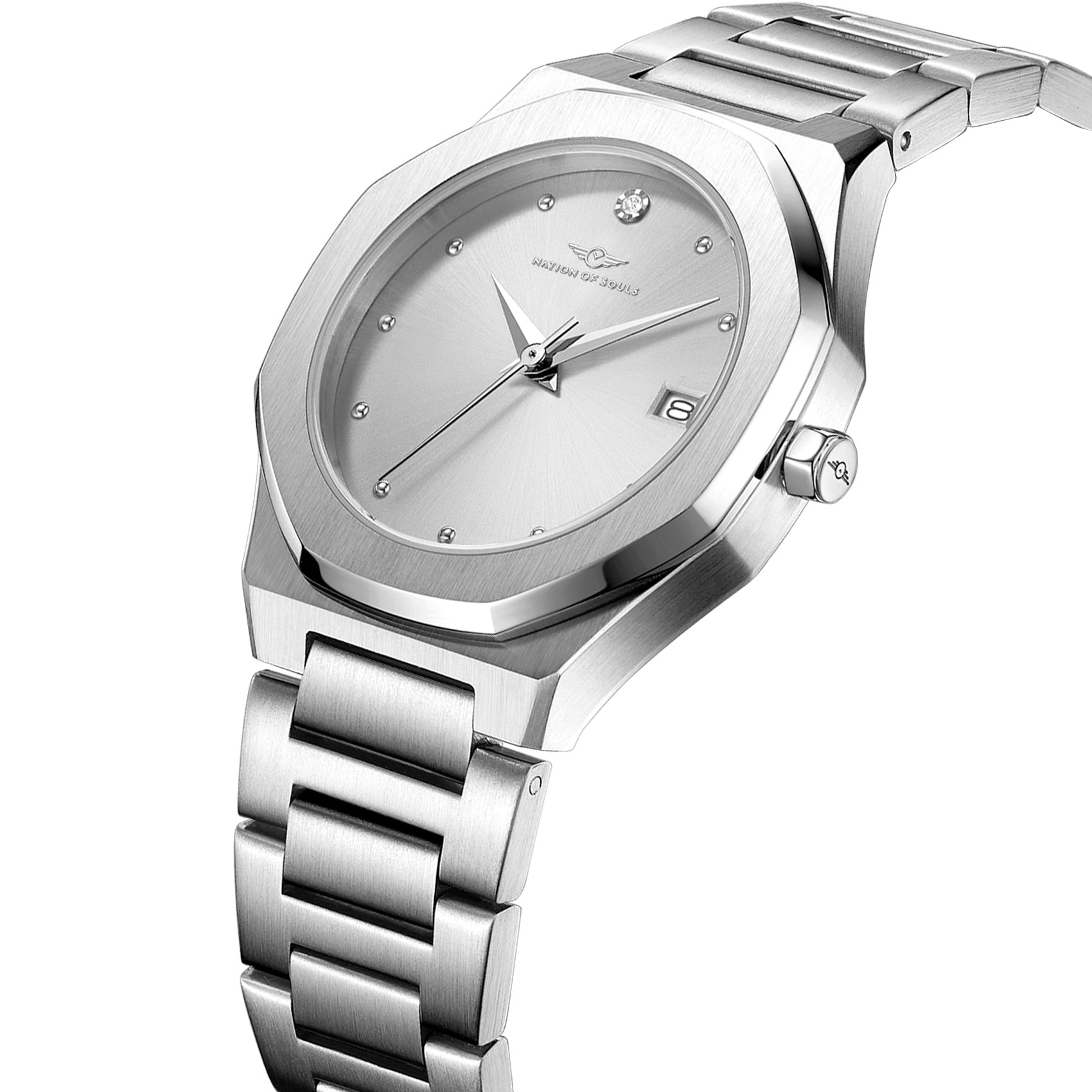 Stellar Silver watch featuring a stainless steel case, Sunray dial, and stud hour markers, perfect for elegant occasions.