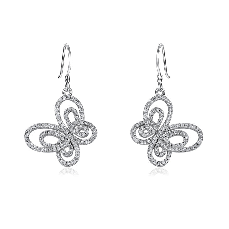 A pair of elegant sterling silver butterfly earrings adorned with white sapphires, showcasing intricate design and high-quality craftsmanship.