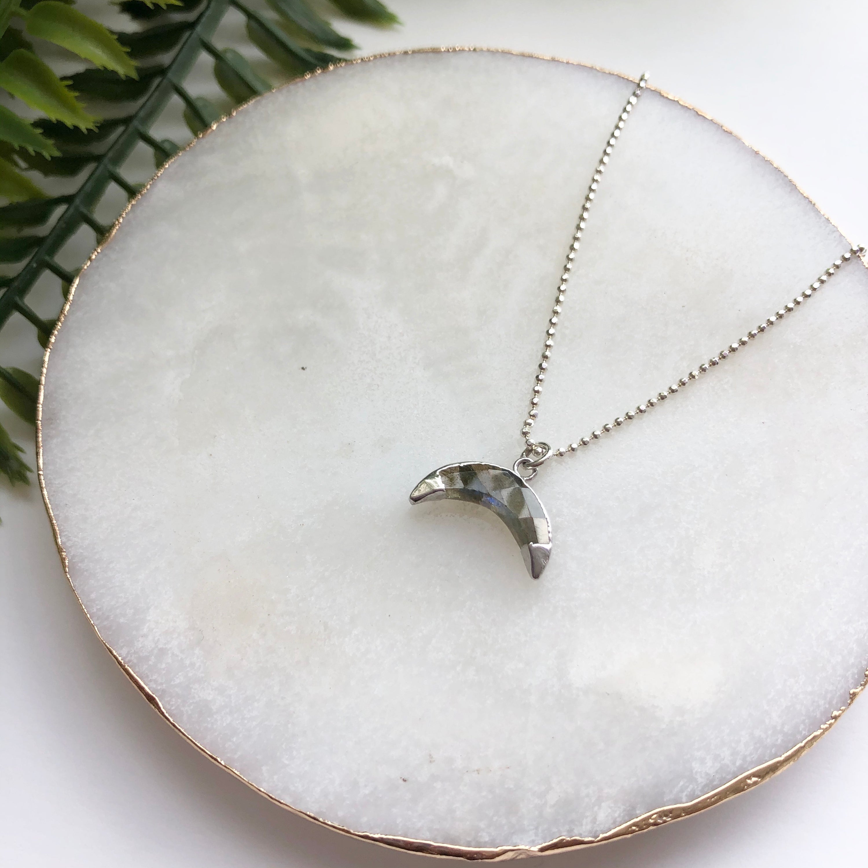 Sterling Silver Double Dipped Horn Necklace featuring a hand-cut gemstone horn pendant on a shiny Italian sterling silver ball chain.