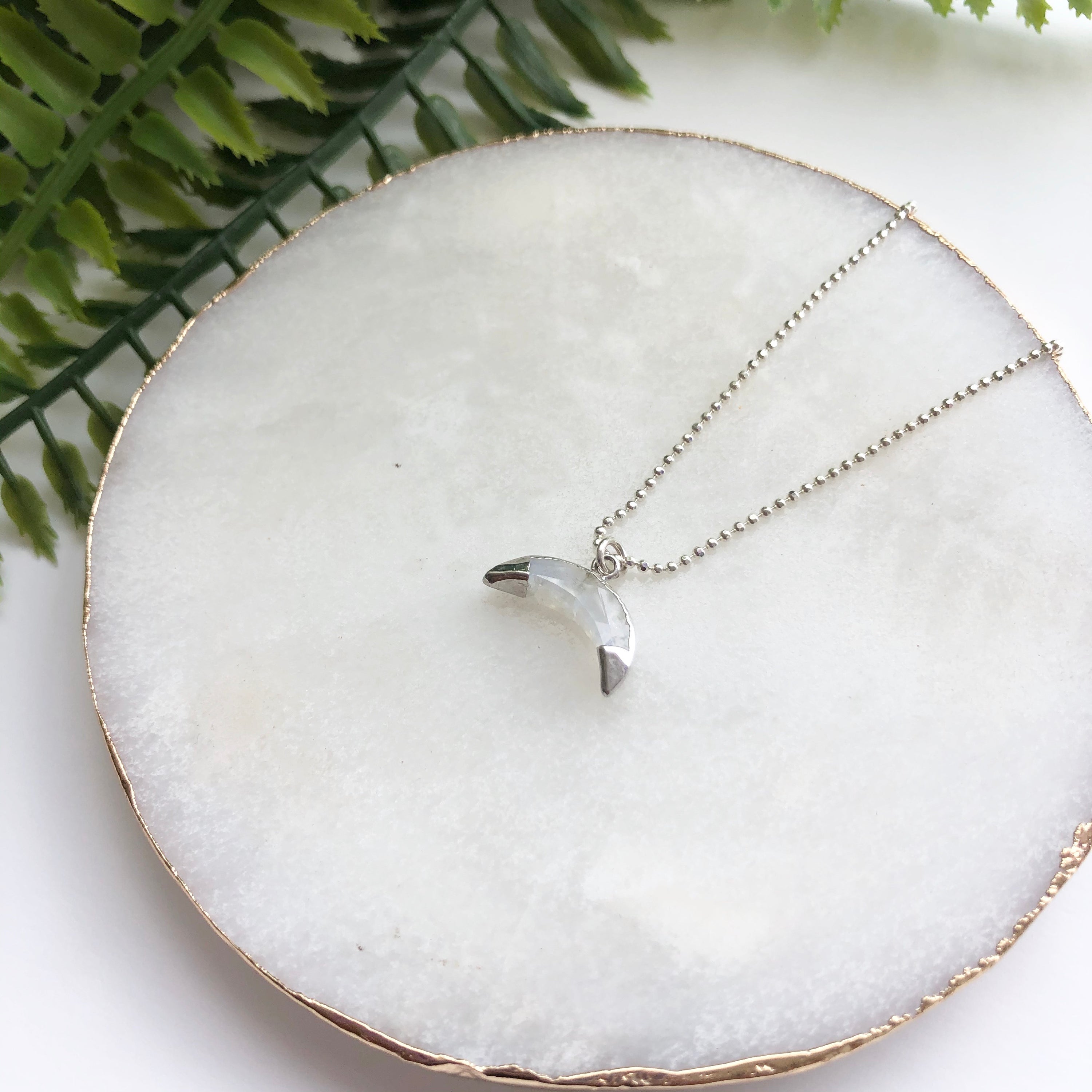 Sterling Silver Double Dipped Horn Necklace featuring a hand-cut gemstone horn pendant on a shiny Italian sterling silver ball chain.