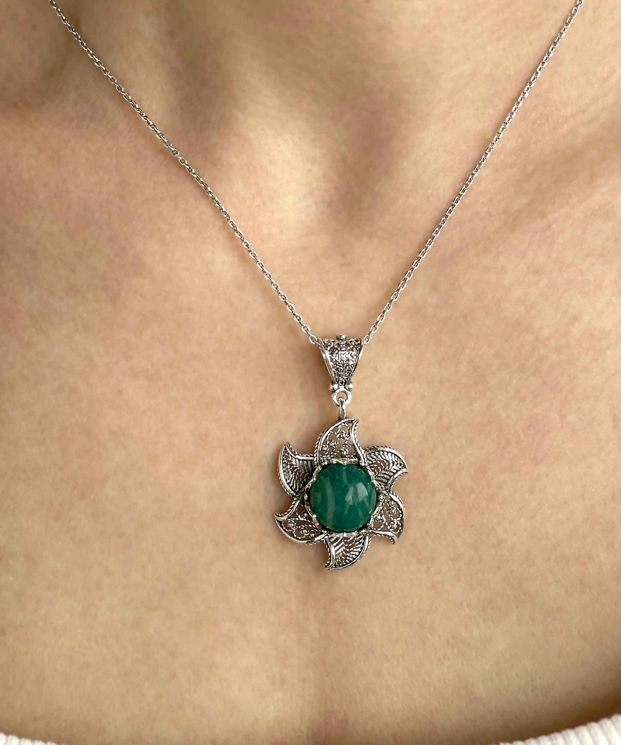 Sterling silver filigree necklace featuring a blossoming lotus flower pendant with a round amazonite gemstone at the center, elegantly displayed.