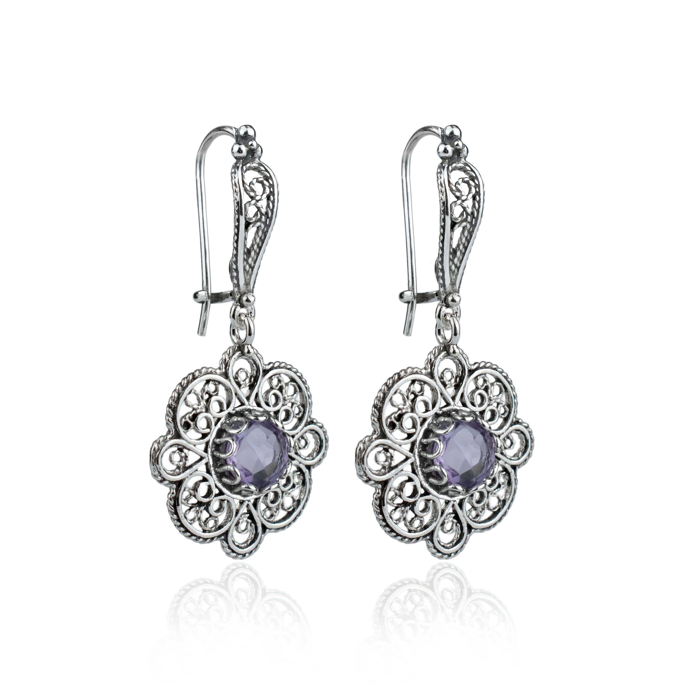 Handmade 925 sterling silver dangle drop earrings featuring intricate filigree art and a stunning Amethyst gemstone in a sun figure design.