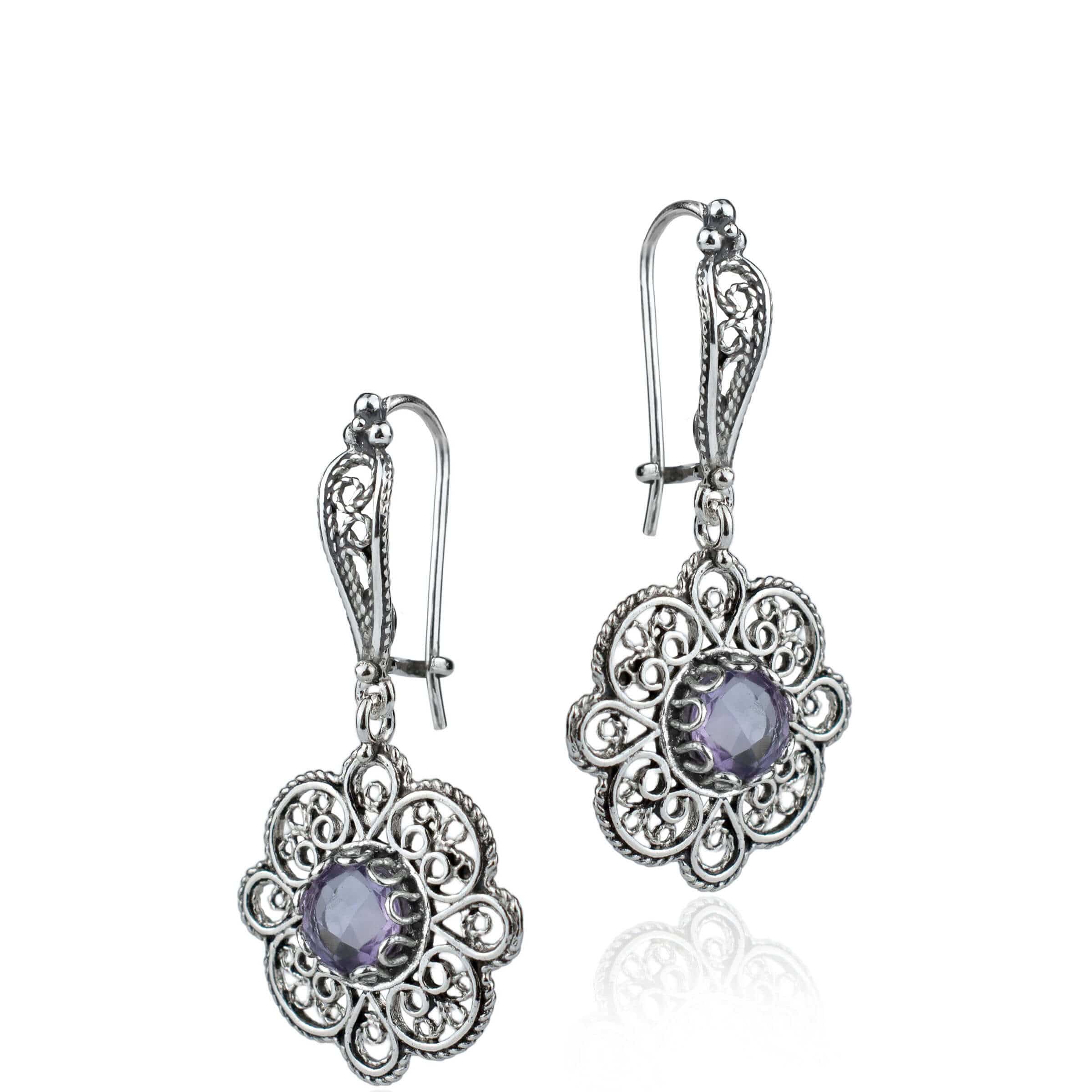 Handmade 925 sterling silver dangle drop earrings featuring intricate filigree art and a stunning Amethyst gemstone in a sun figure design.