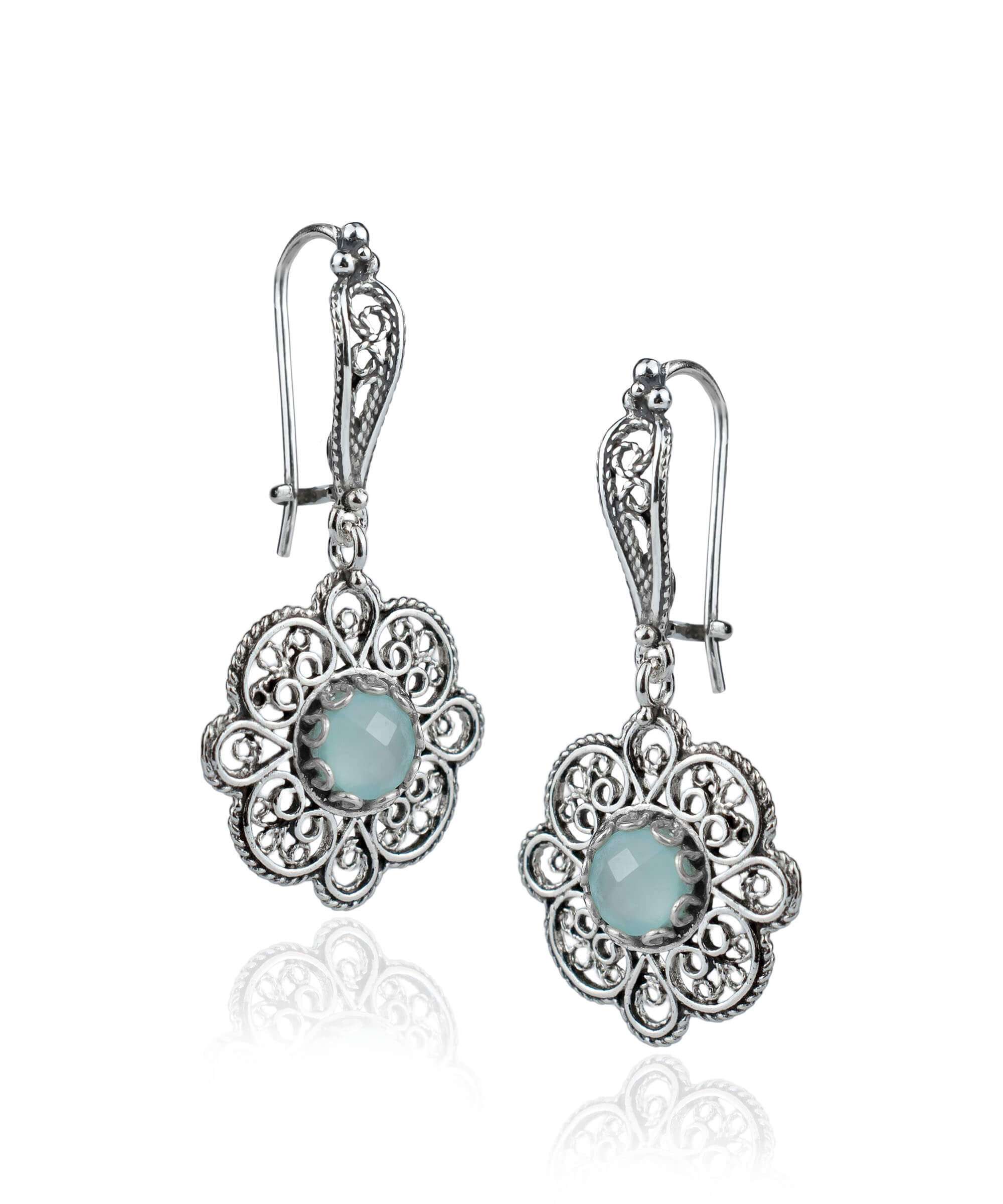 Handmade sterling silver dangle earrings featuring intricate filigree art and aqua blue chalcedony gemstone.