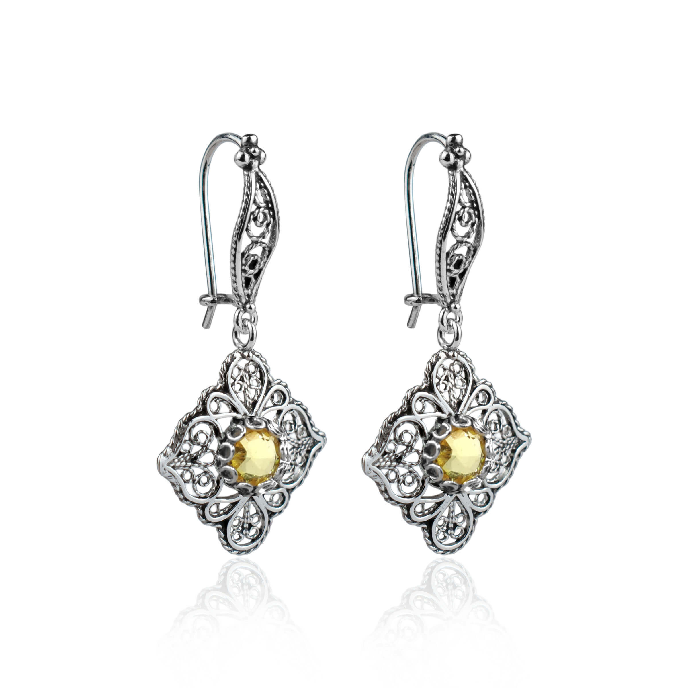 Elegant sterling silver dangle earrings featuring intricate filigree art and vibrant citrine gemstones.