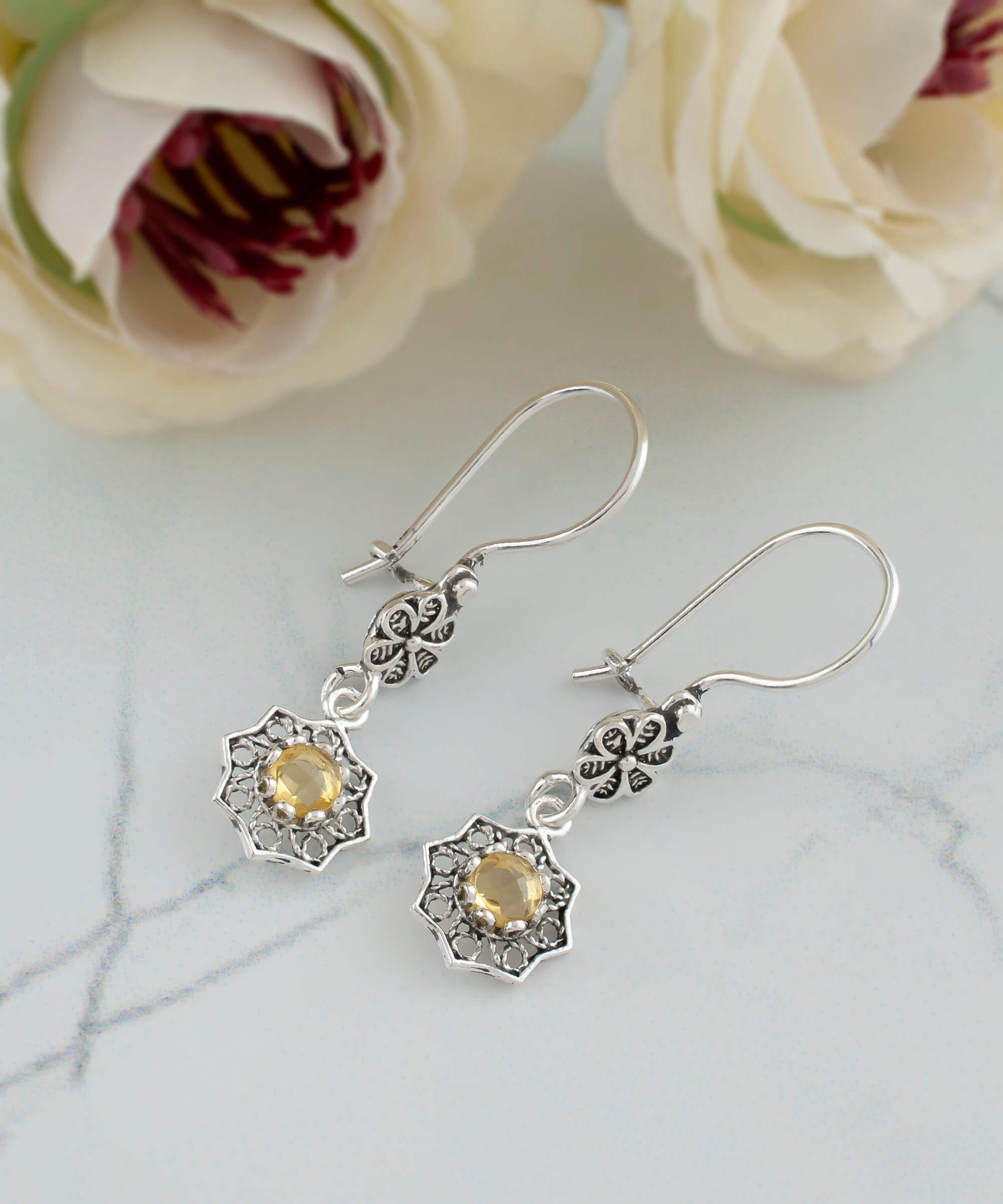 Elegant Sterling Silver Filigree Art Daisy Dangle Earrings with Amethyst, Blue Topaz, Blue Quartz, and Citrine gemstones.