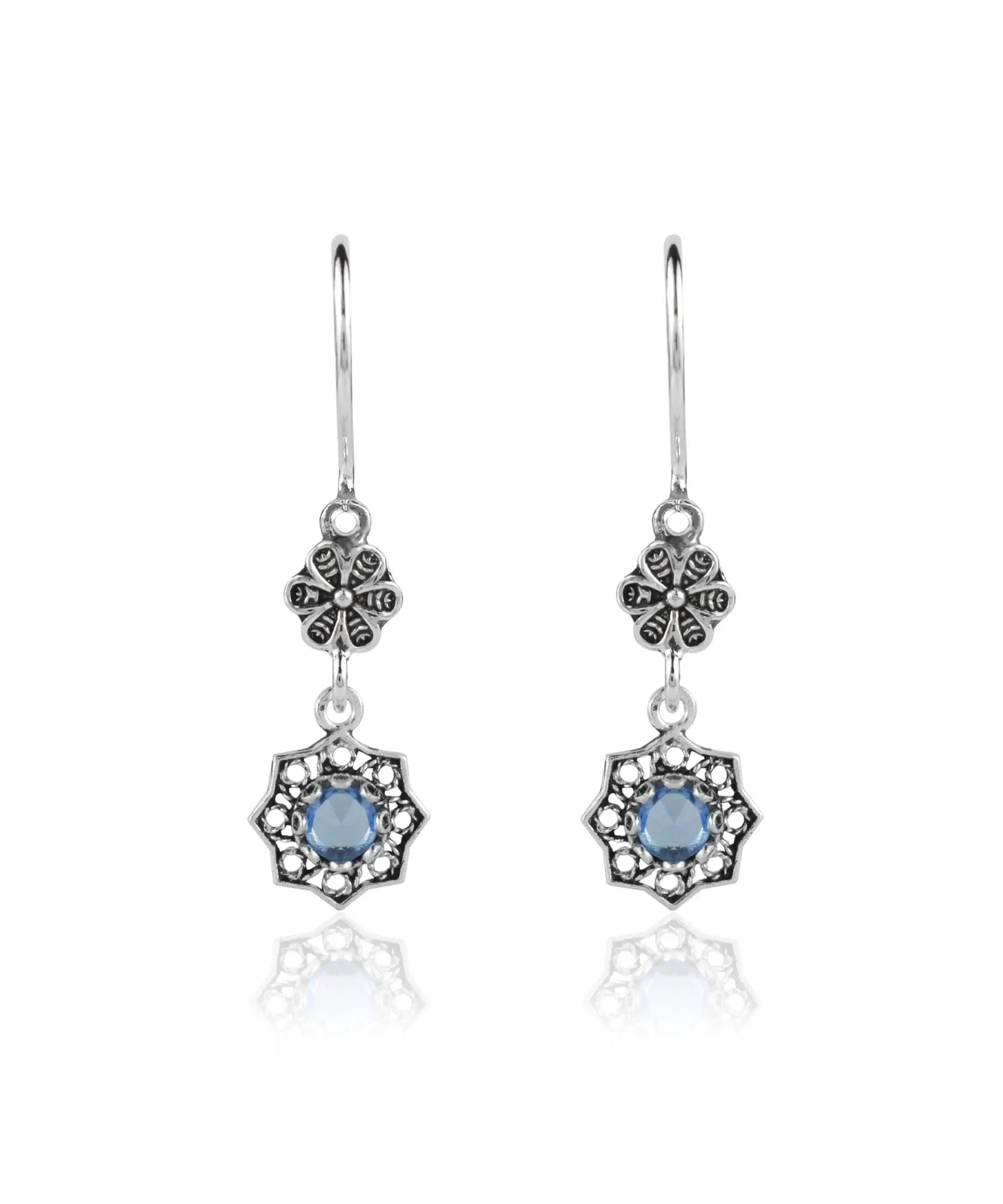 Elegant Sterling Silver Filigree Art Daisy Dangle Earrings with Amethyst, Blue Topaz, Blue Quartz, and Citrine gemstones.