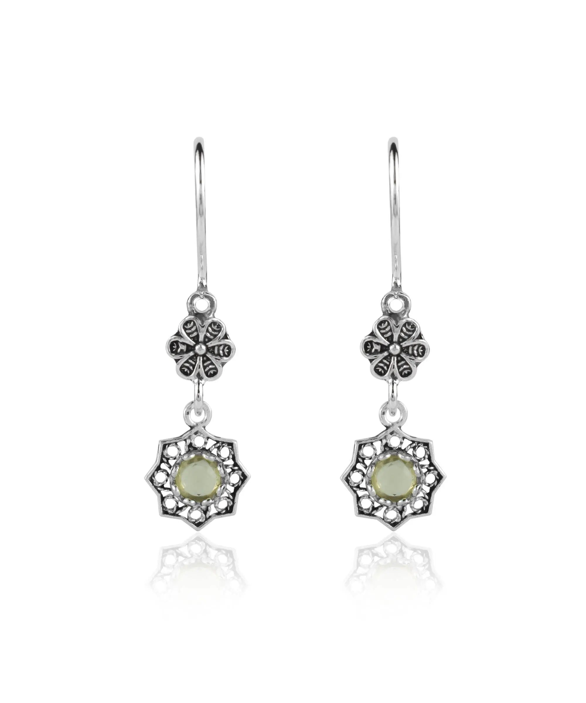 Elegant Sterling Silver Filigree Art Daisy Dangle Earrings with Amethyst, Blue Topaz, Blue Quartz, and Citrine gemstones.