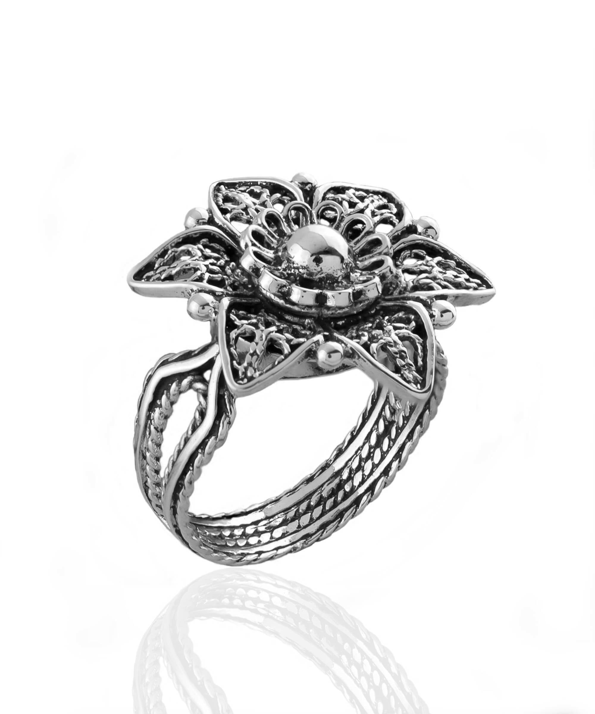 Sterling Silver Filigree Art Lotus Flower Cocktail Ring with intricate design and polished finish, displayed elegantly.