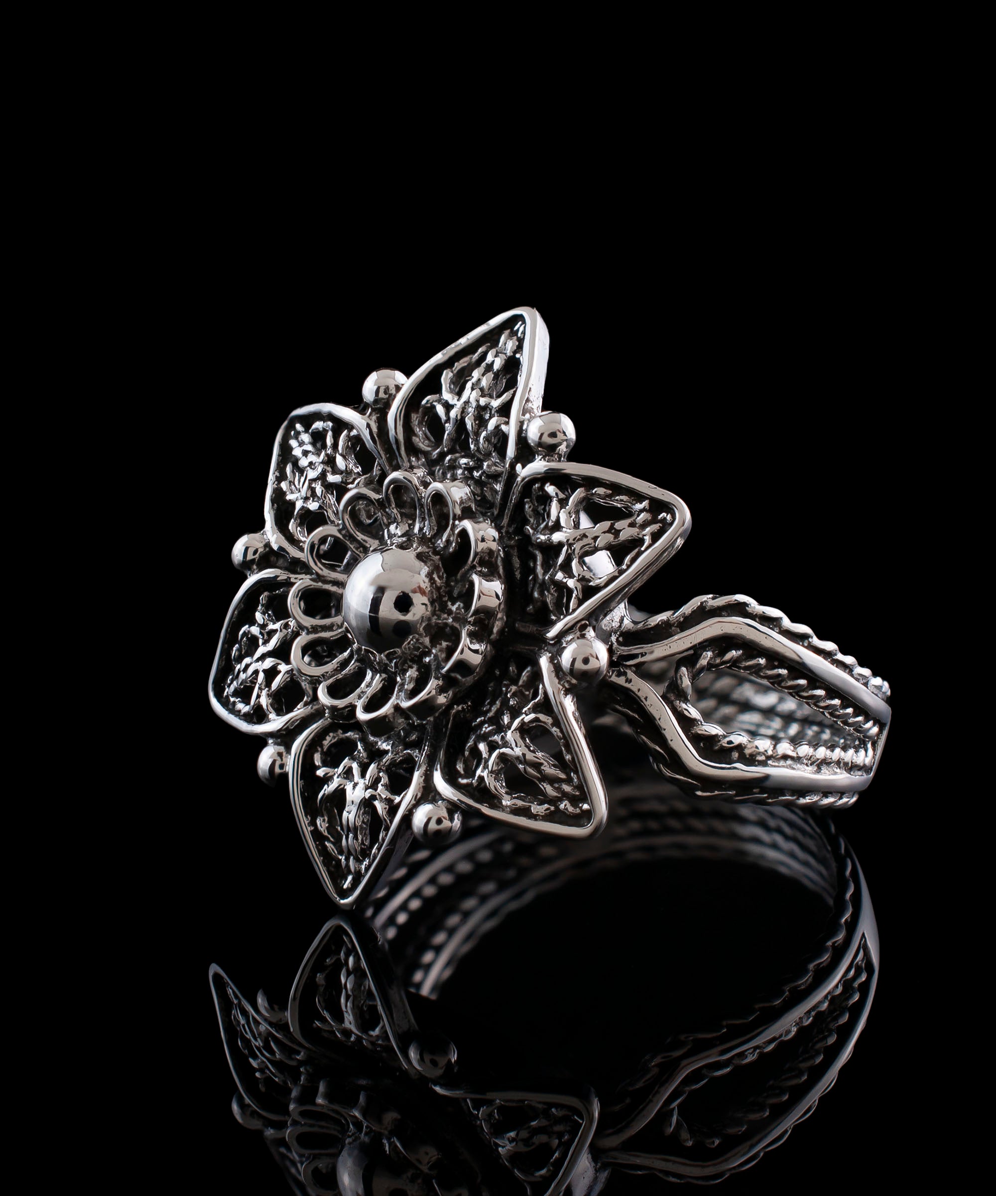 Sterling Silver Filigree Art Lotus Flower Cocktail Ring with intricate design and polished finish, displayed elegantly.