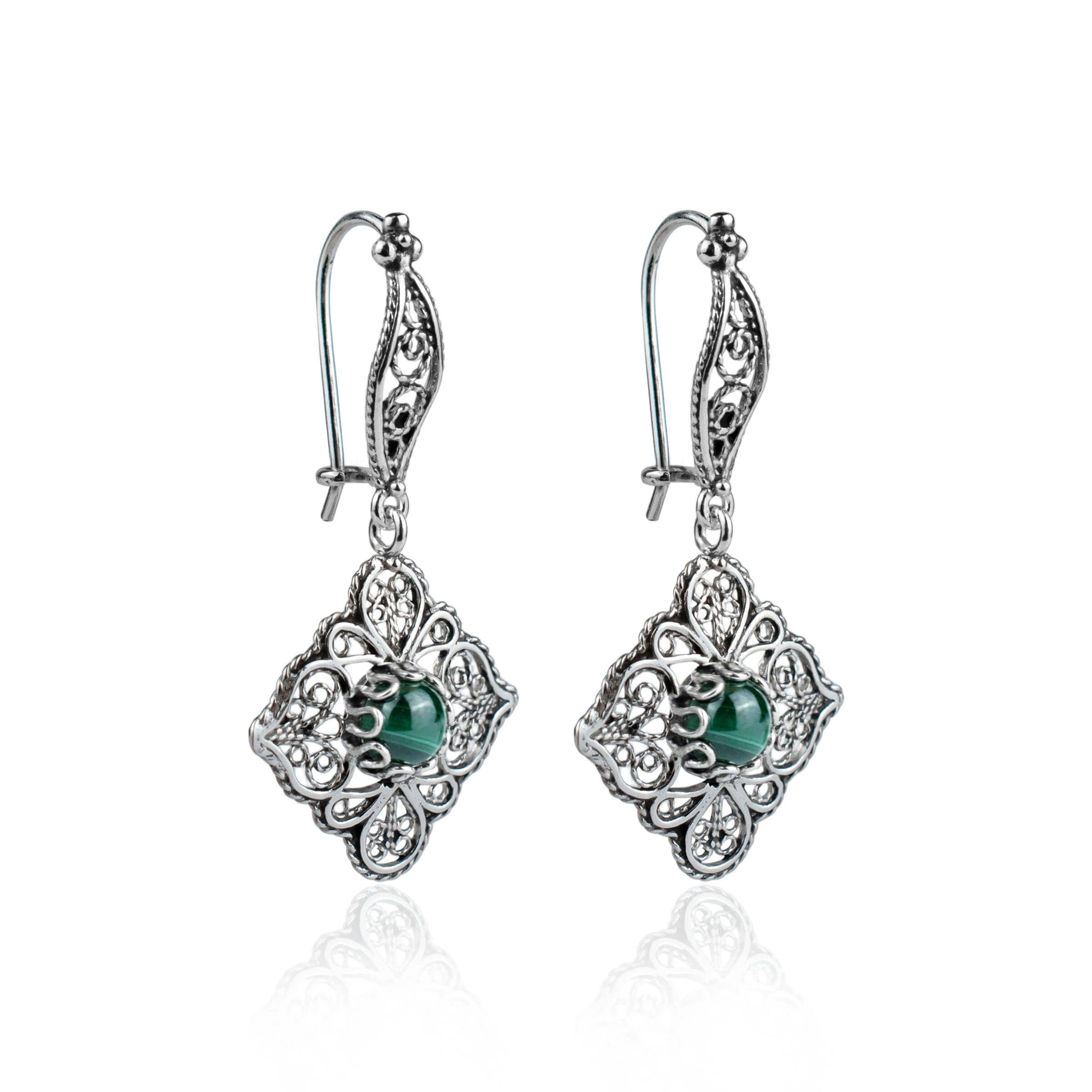 Elegant sterling silver dangle drop earrings featuring intricate filigree art and round cut Malachite gemstones, perfect for women.