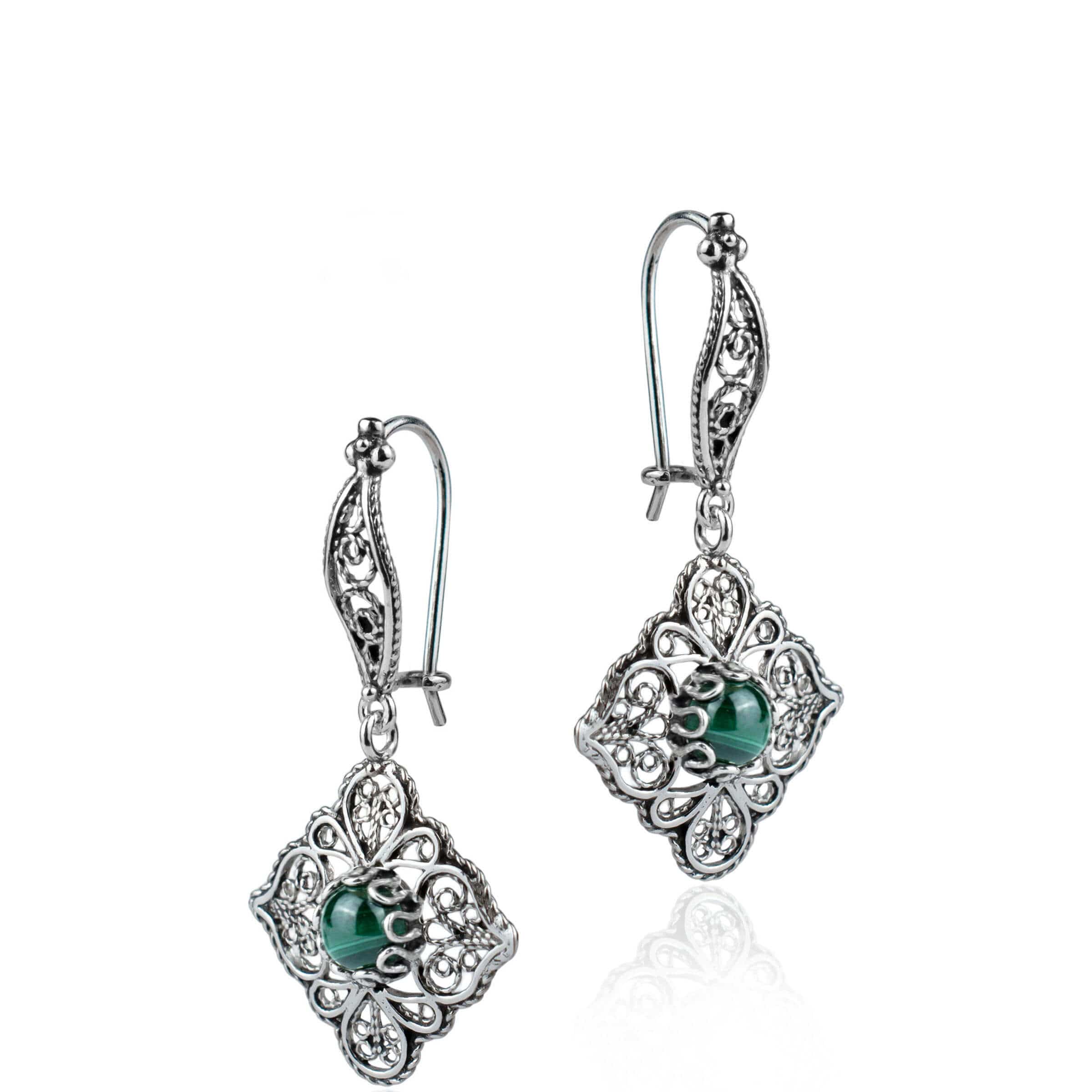 Elegant sterling silver dangle drop earrings featuring intricate filigree art and round cut Malachite gemstones, perfect for women.