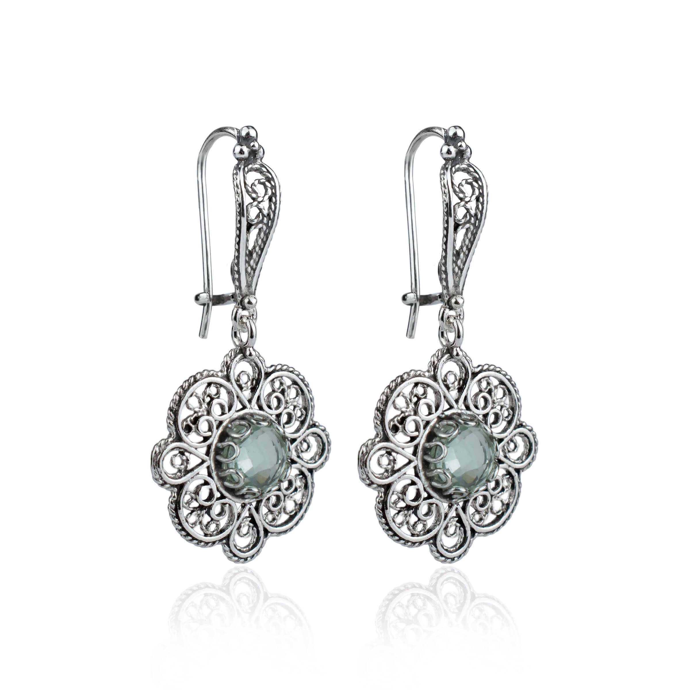 Handmade 925 sterling silver dangle drop earrings featuring intricate filigree art and a stunning prasiolite gemstone.