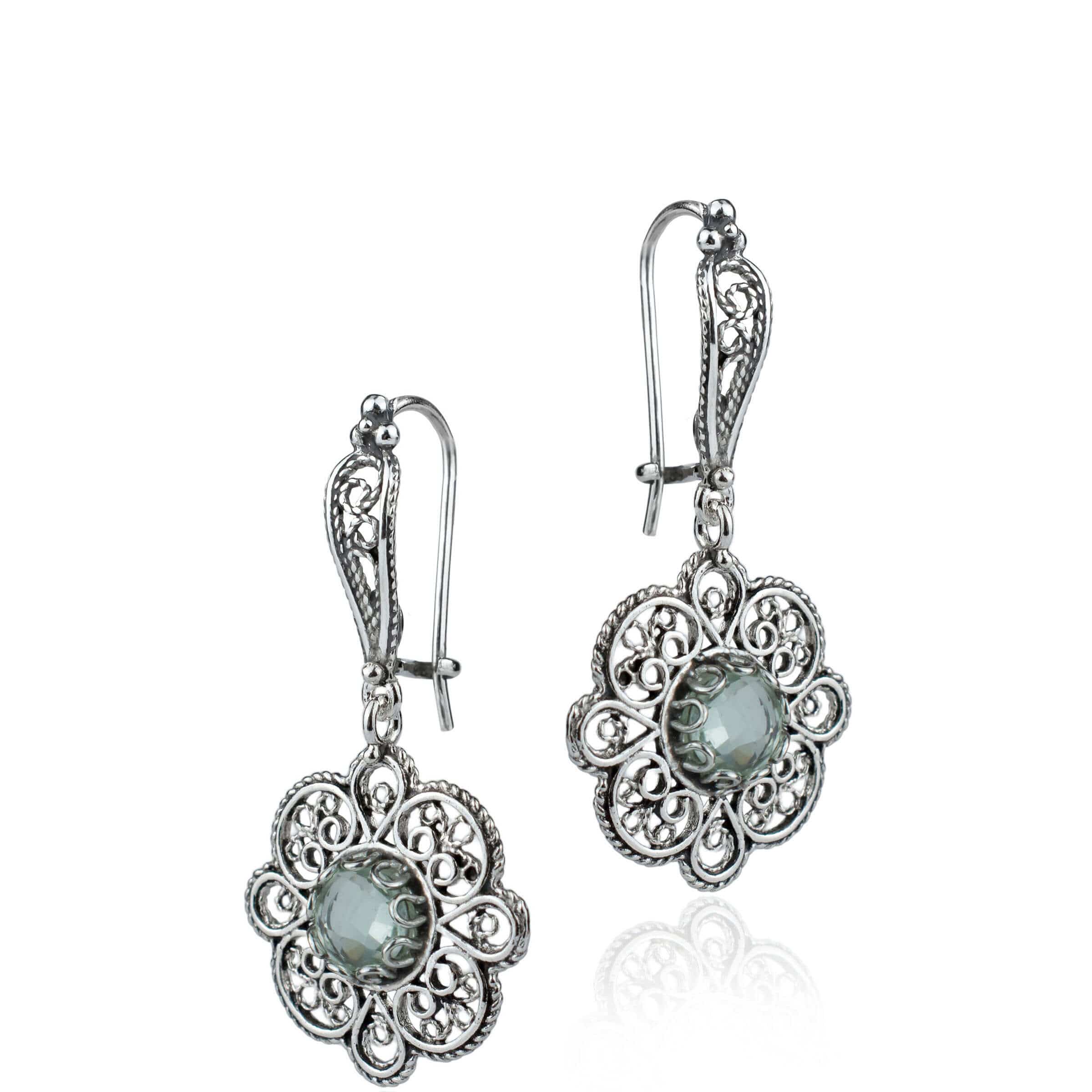 Handmade 925 sterling silver dangle drop earrings featuring intricate filigree art and a stunning prasiolite gemstone.