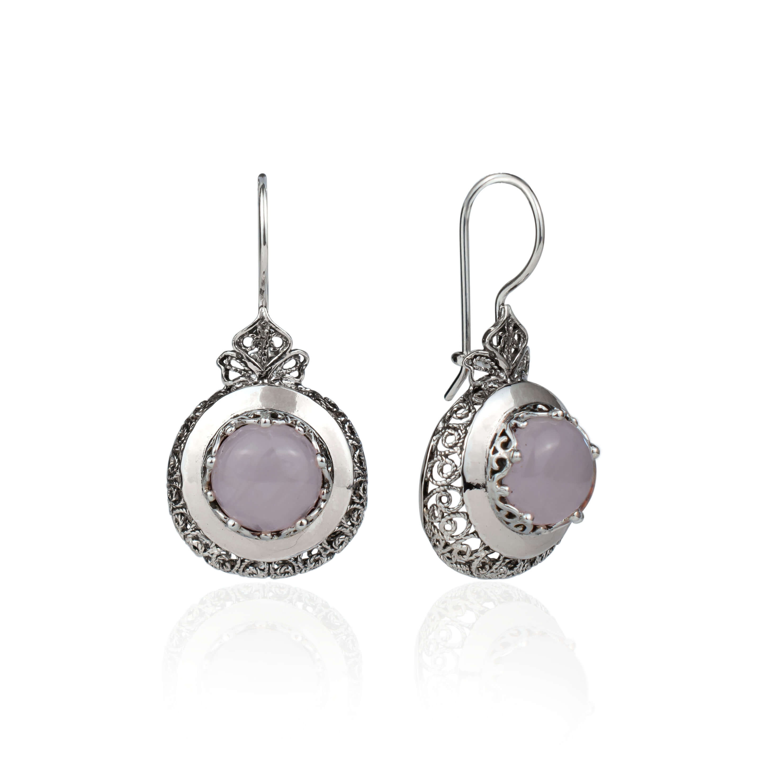 Sterling Silver Filigree Art Drop Earrings featuring a round-cut rose quartz gemstone, showcasing intricate metalwork and elegant design.