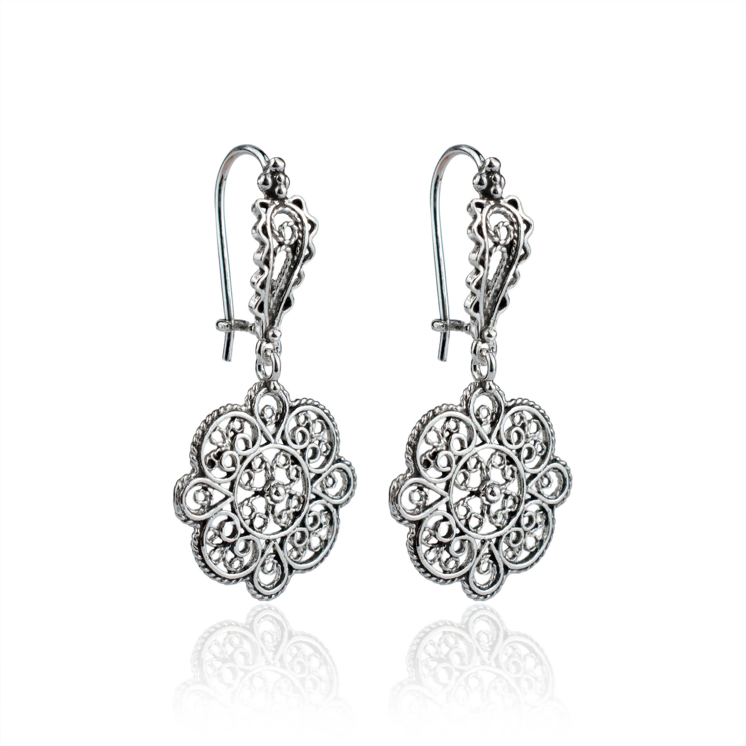 Elegant Sterling Silver Filigree Art Sun Figured Dangle Drop Earrings showcasing intricate craftsmanship and a polished finish.