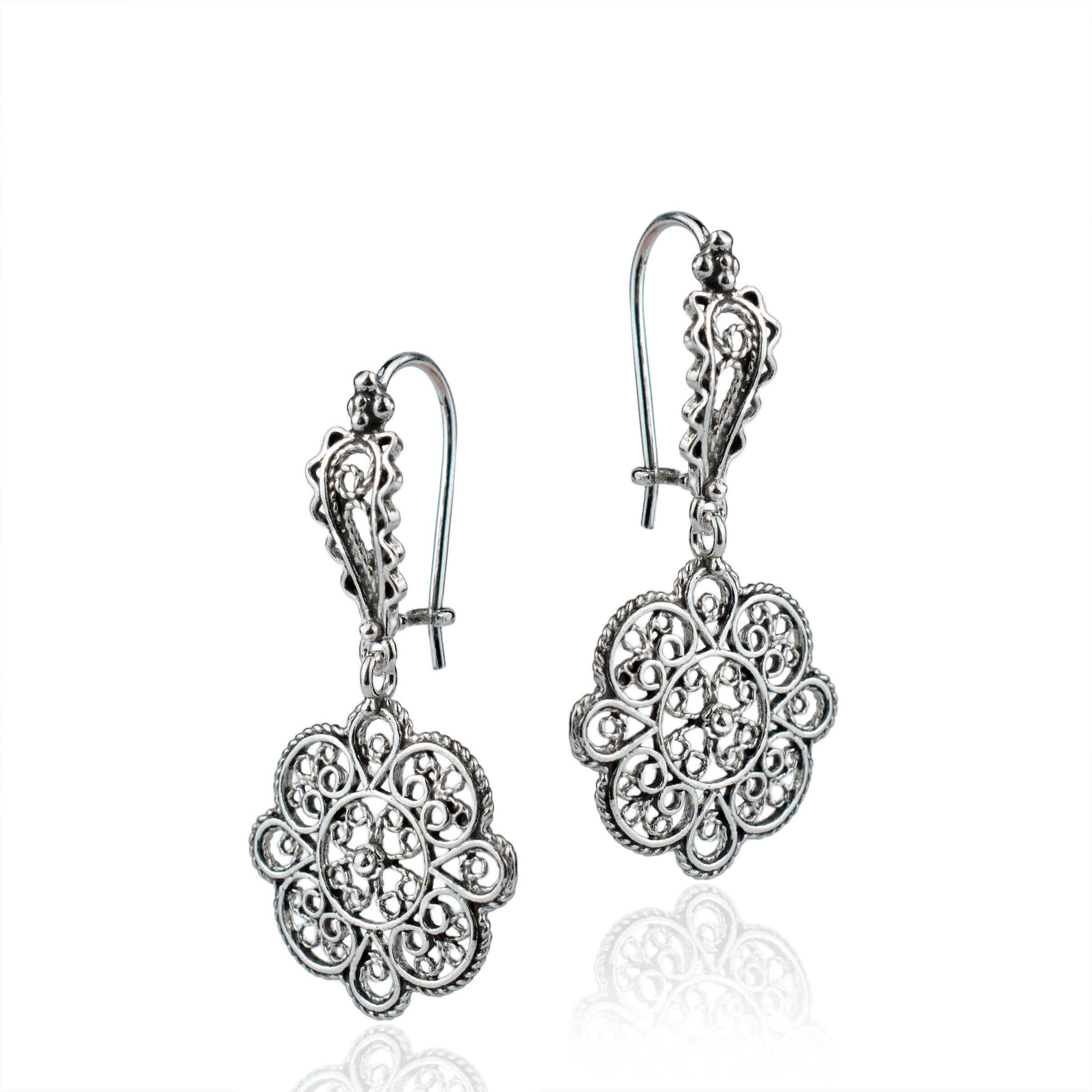 Elegant Sterling Silver Filigree Art Sun Figured Dangle Drop Earrings showcasing intricate craftsmanship and a polished finish.