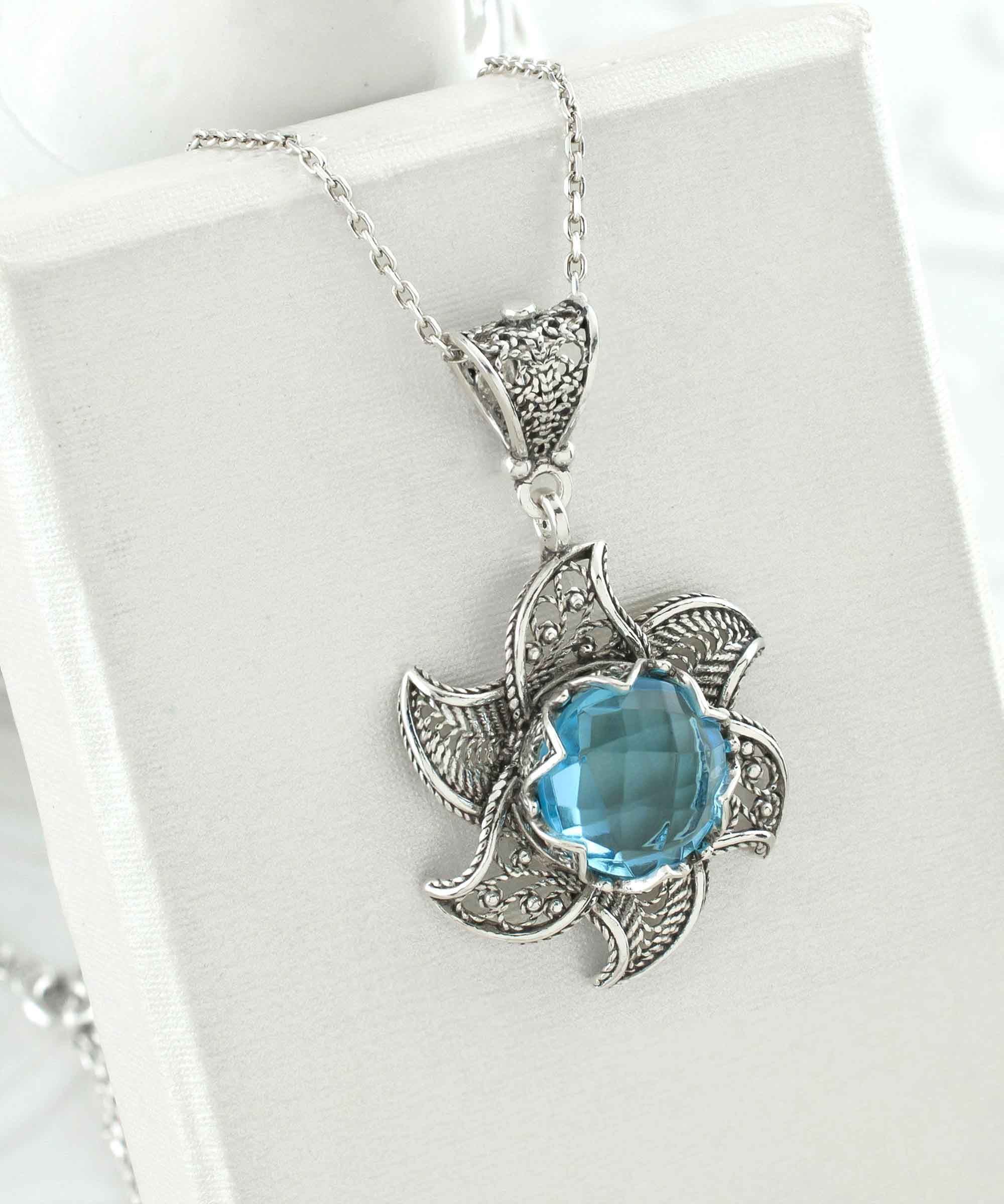 Sterling silver filigree lotus flower pendant with blue topaz gemstone, showcasing intricate design and elegant craftsmanship.