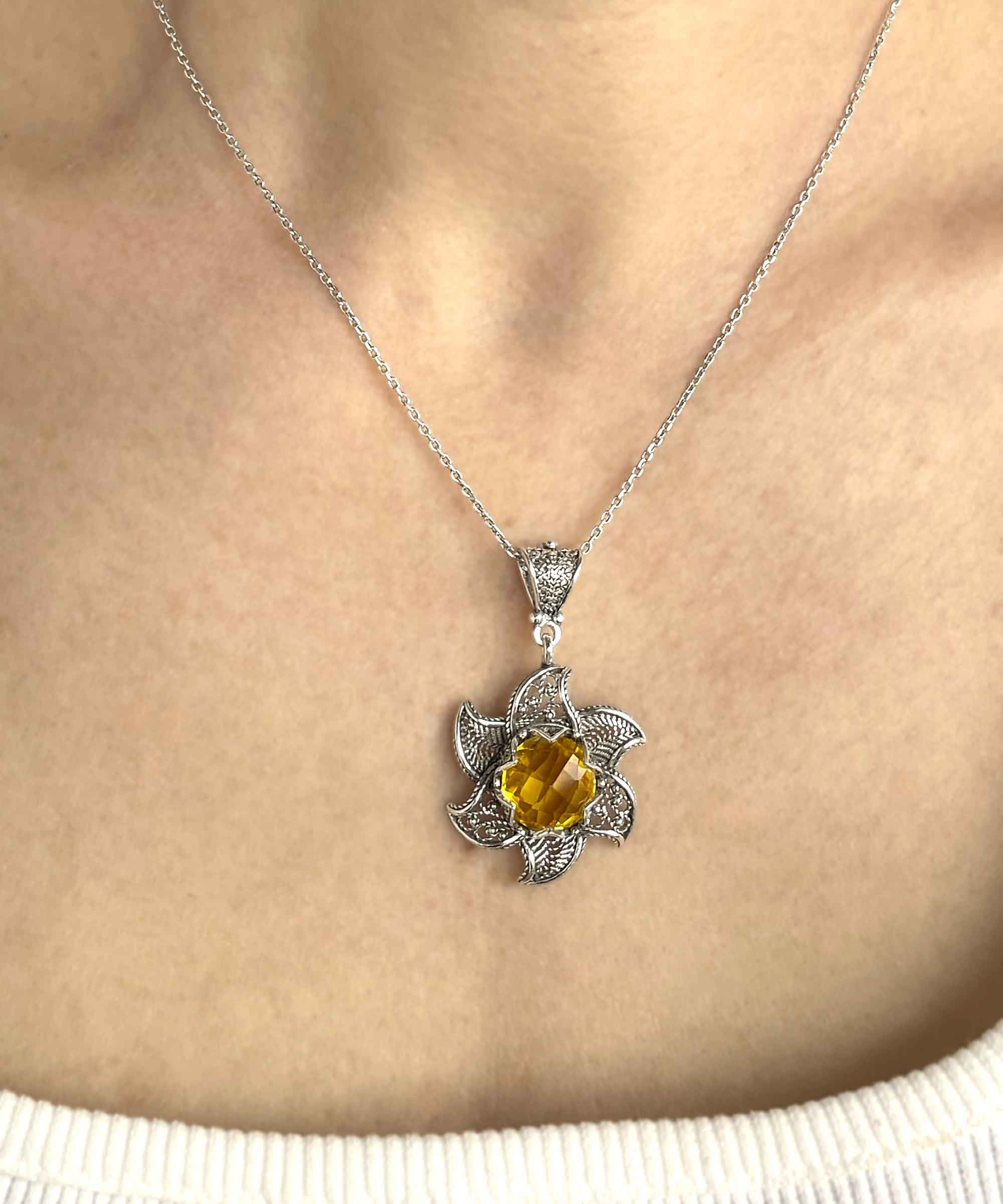 Sterling Silver Filigree Lotus Flower pendant featuring a 12mm citrine gemstone, elegantly designed with intricate details.