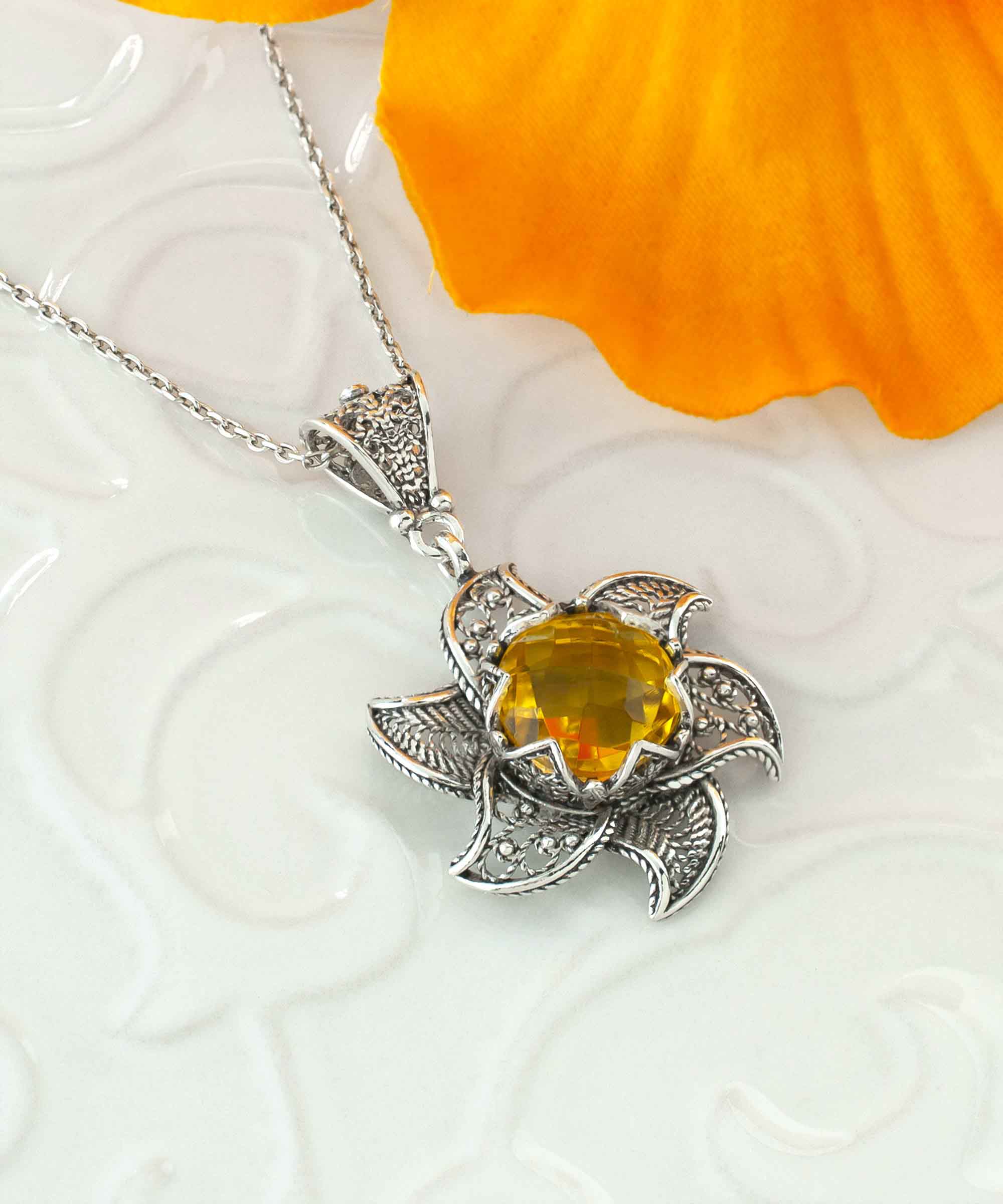 Sterling Silver Filigree Lotus Flower pendant featuring a 12mm citrine gemstone, elegantly designed with intricate details.