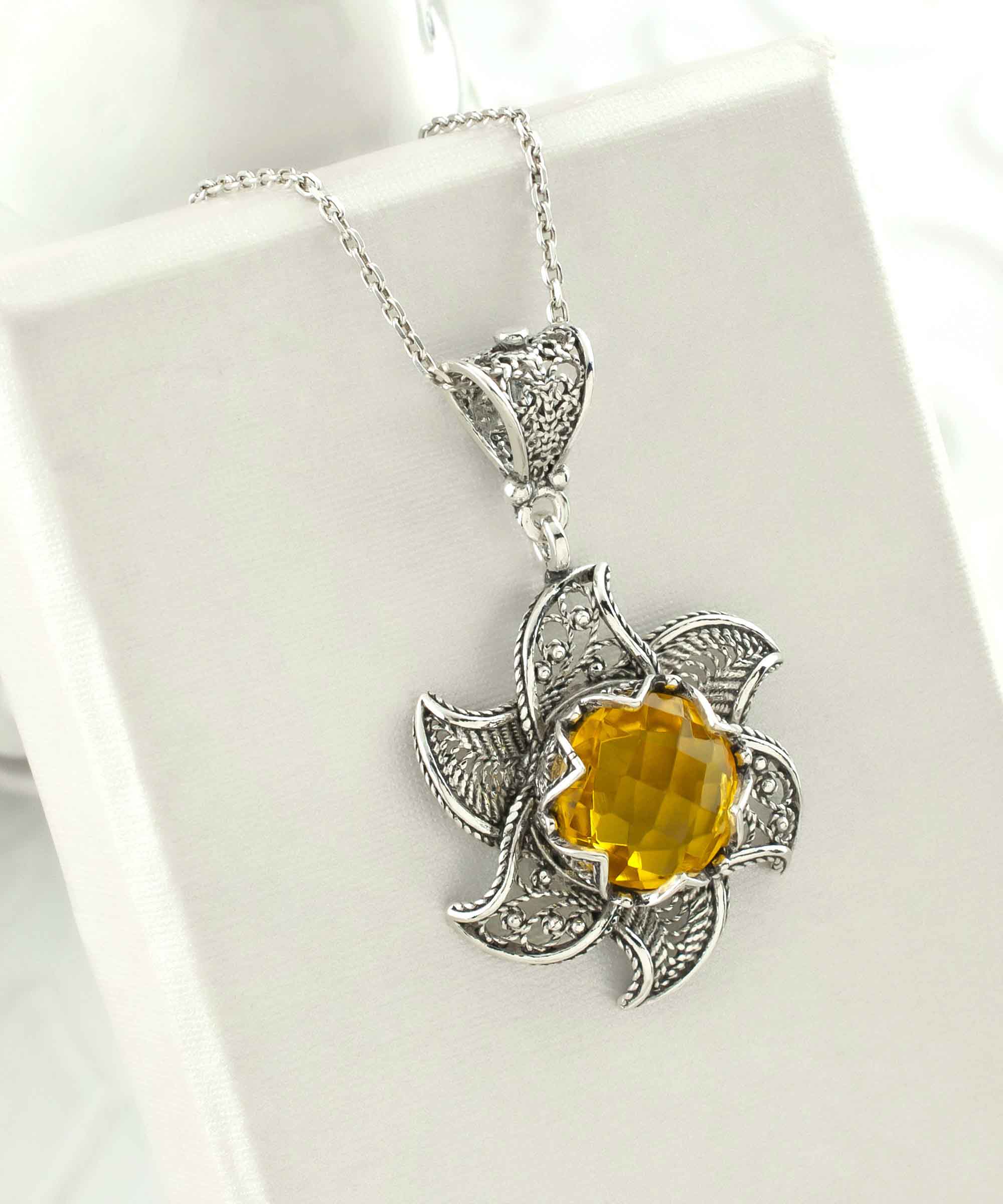 Sterling Silver Filigree Lotus Flower pendant featuring a 12mm citrine gemstone, elegantly designed with intricate details.