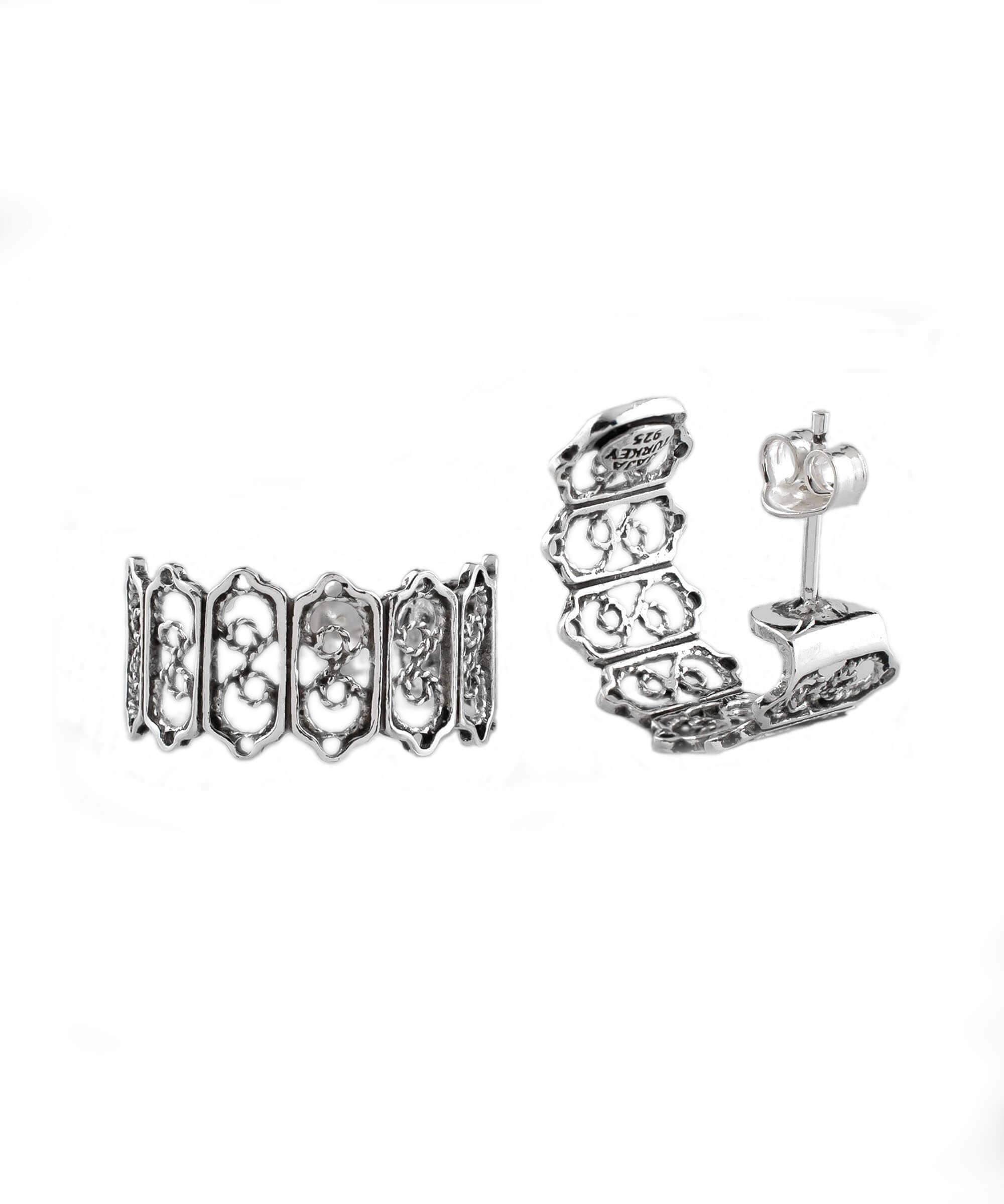 Sterling Silver Filigree C-Hoop Stud Earrings showcasing intricate design and polished finish.