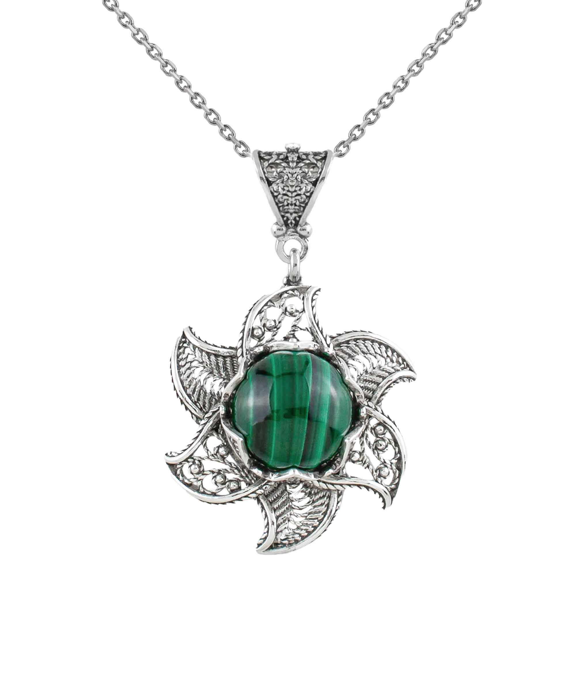 Sterling Silver Filigree Malachite Gemstone Blossoming Lotus Flower pendant on a delicate silver chain, showcasing intricate design and vibrant gemstone.