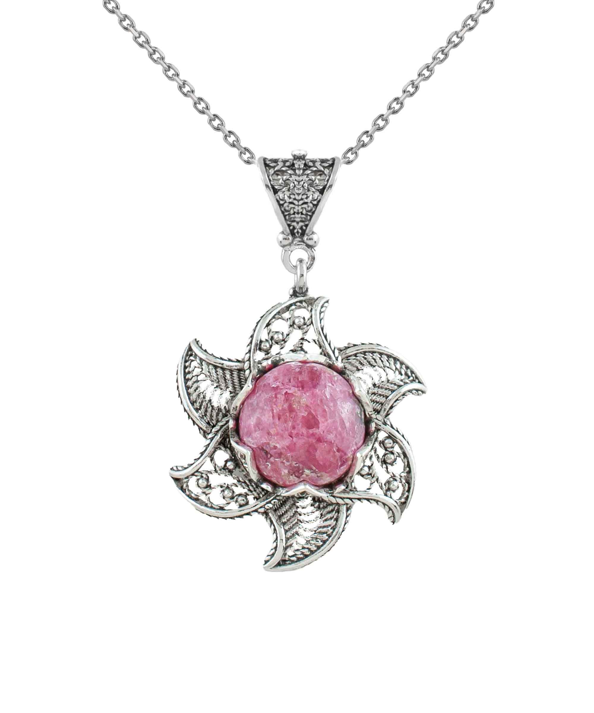 Sterling Silver Filigree Mojave Rhodonite Gemstone Blossoming Lotus necklace featuring a 3D lotus flower pendant and a round rhodonite gemstone.