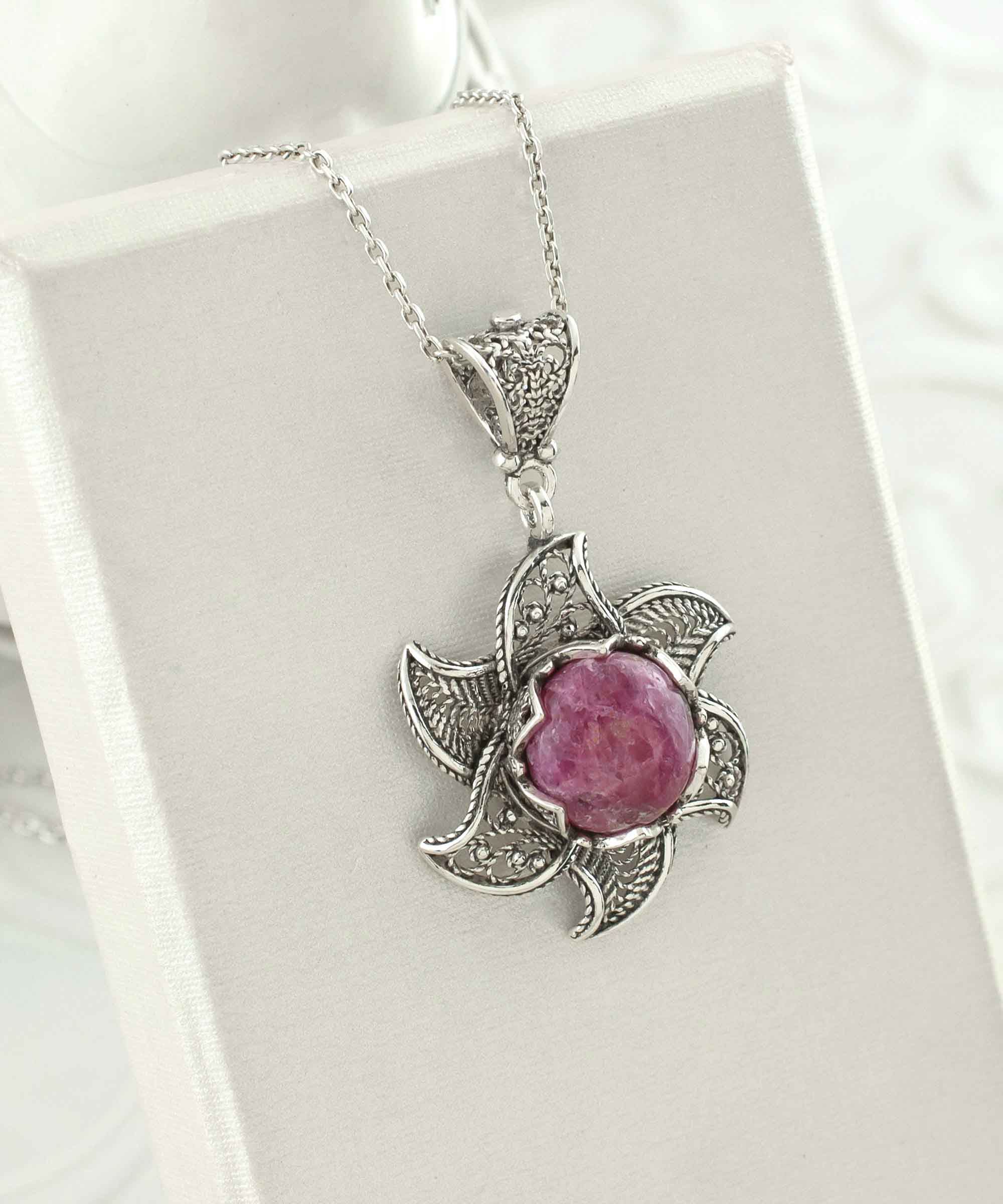 Sterling Silver Filigree Mojave Rhodonite Gemstone Blossoming Lotus necklace featuring a 3D lotus flower pendant and a round rhodonite gemstone.