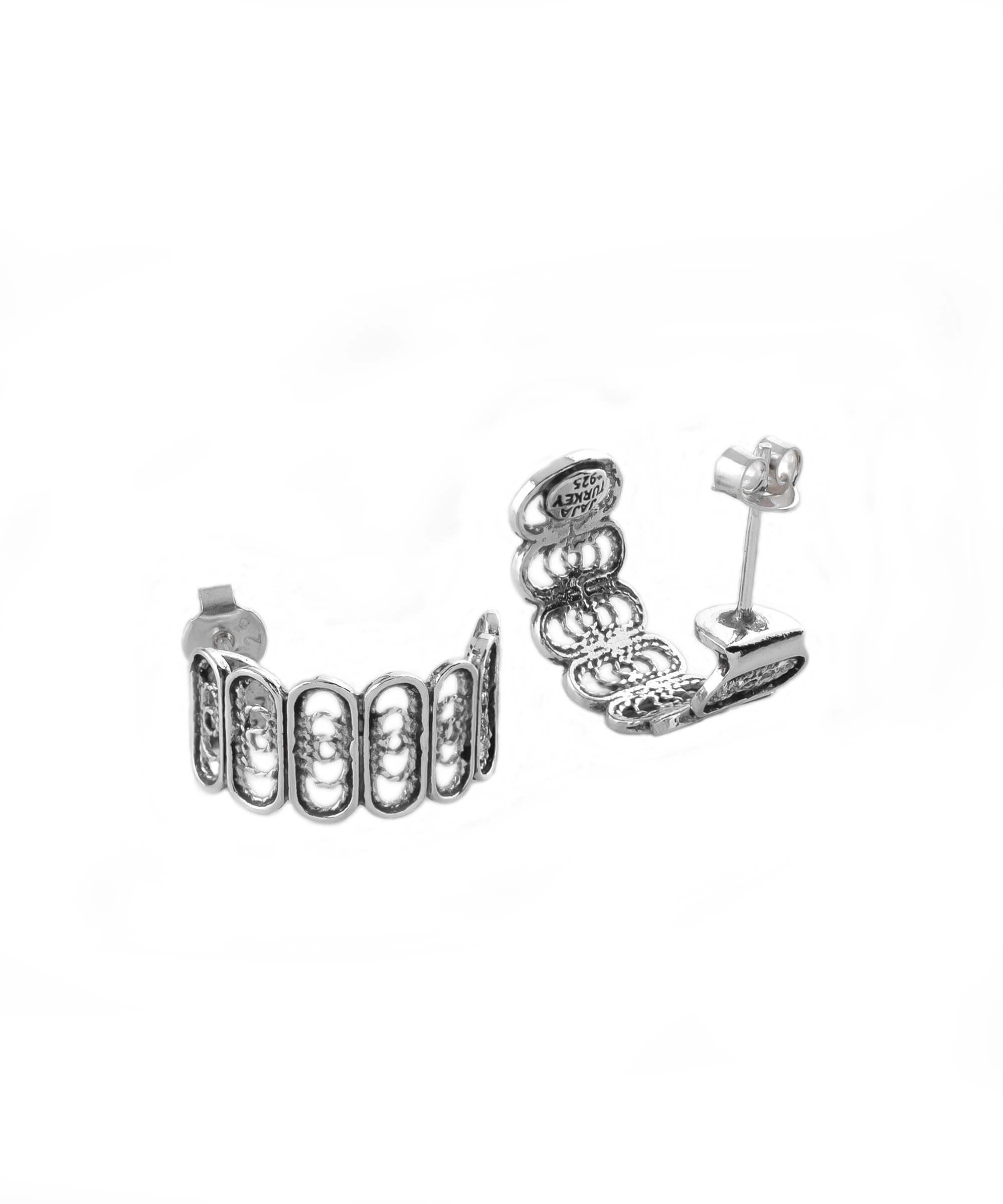 Sterling Silver Filigree C-Hoop Stud Earrings showcasing intricate design and polished finish.