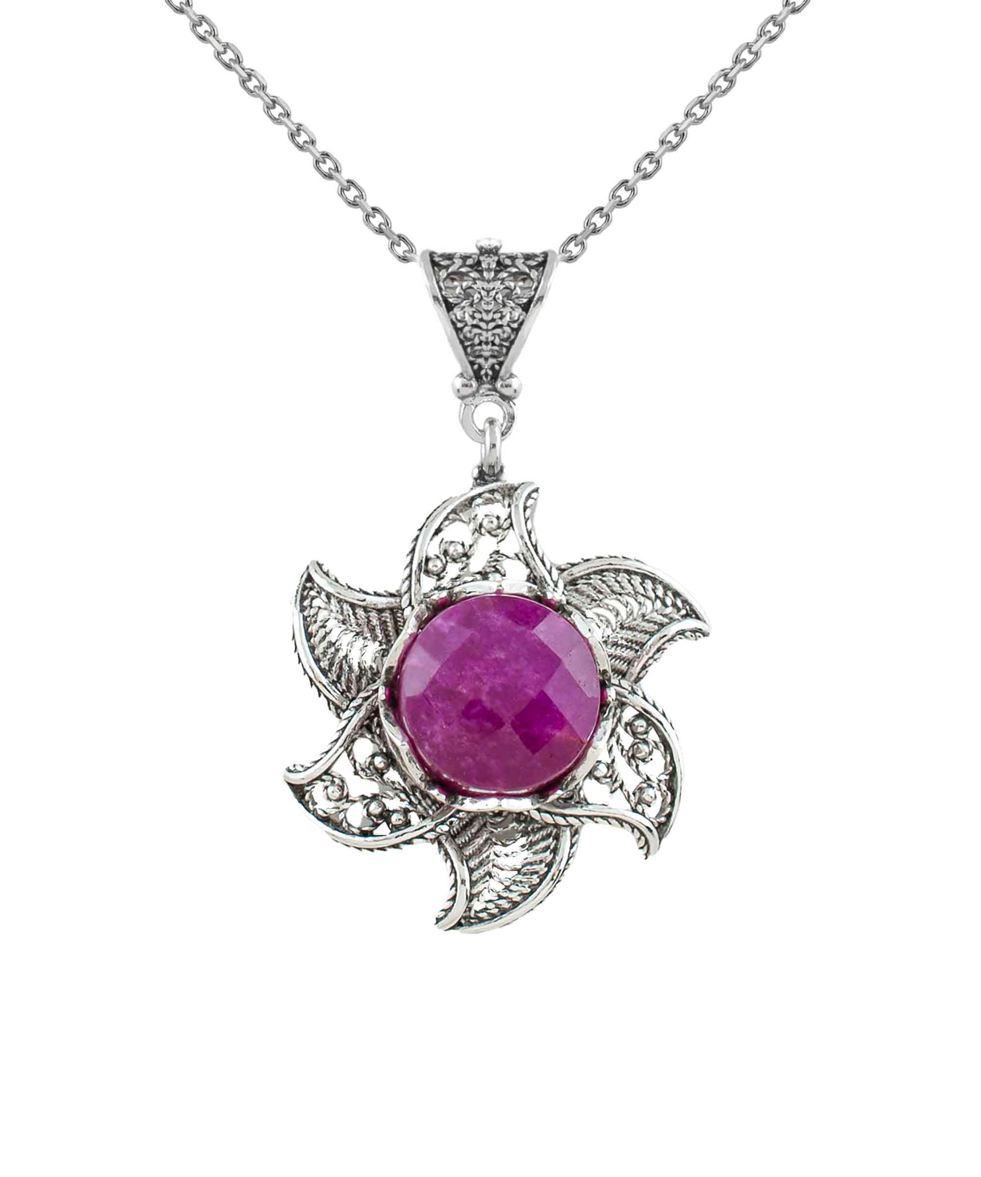 Sterling Silver Filigree Ruby Corundum Gemstone Blossoming Lotus necklace featuring a 3D lotus flower pendant with a vibrant ruby gemstone.