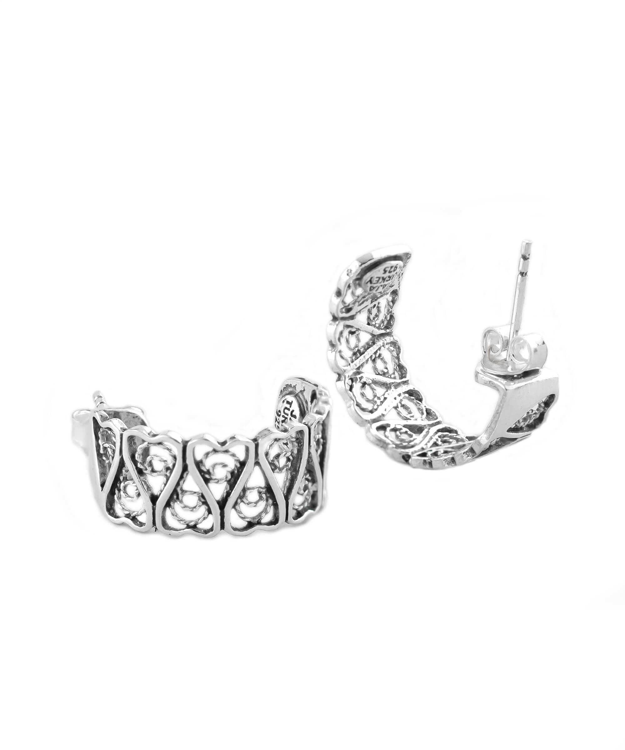 Sterling Silver Filigree Tulip Design C-Hoop Stud Earrings showcasing intricate detailing and elegant design.