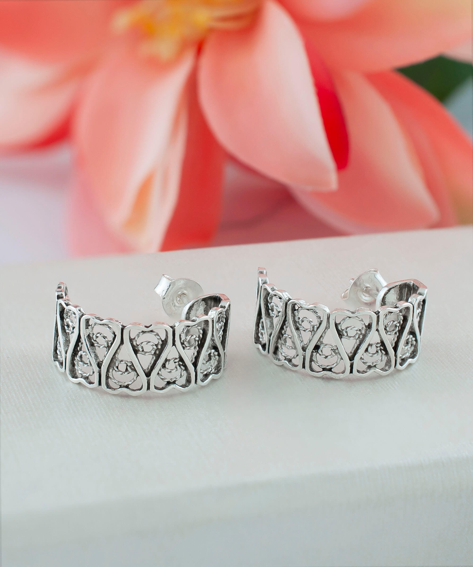 Sterling Silver Filigree Tulip Design C-Hoop Stud Earrings showcasing intricate detailing and elegant design.