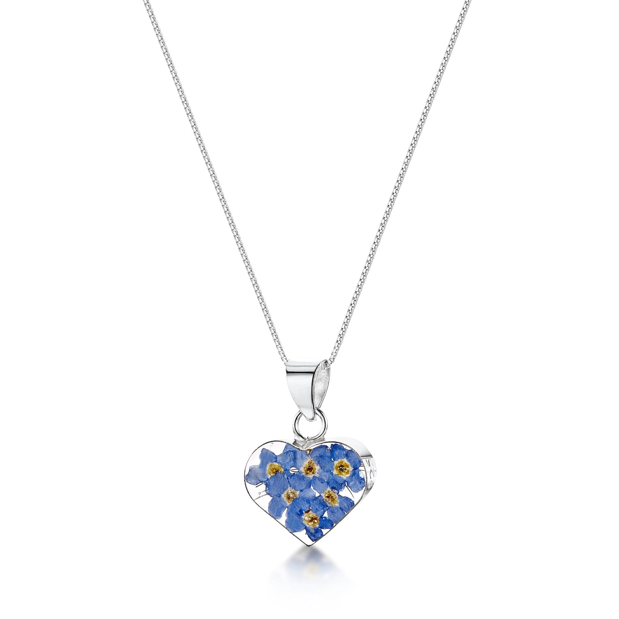 Sterling Silver Forget-Me-Not Heart Pendant showcasing delicate flowers in a heart shape, perfect for Mother's Day gifting.