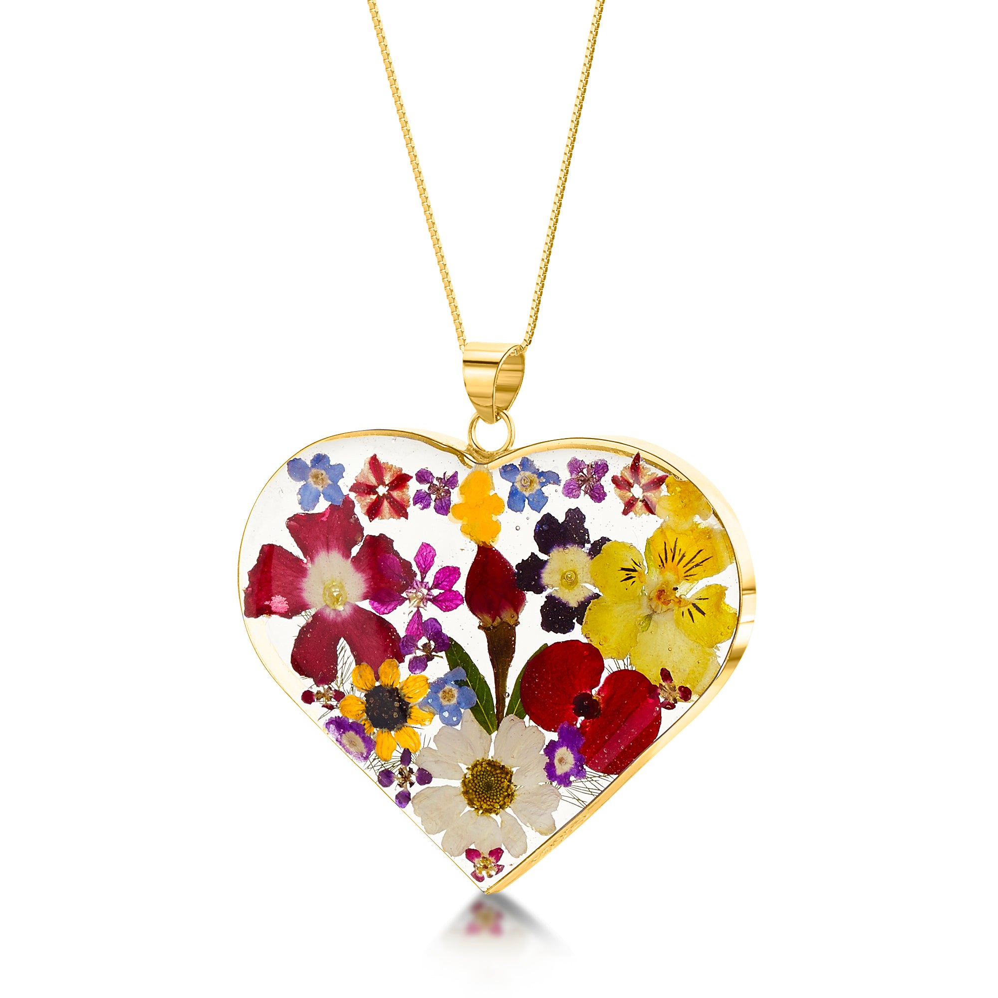 Handmade sterling silver heart necklace featuring real flowers like roses, daisies, and sunflowers, elegantly displayed in a luxury gift box.