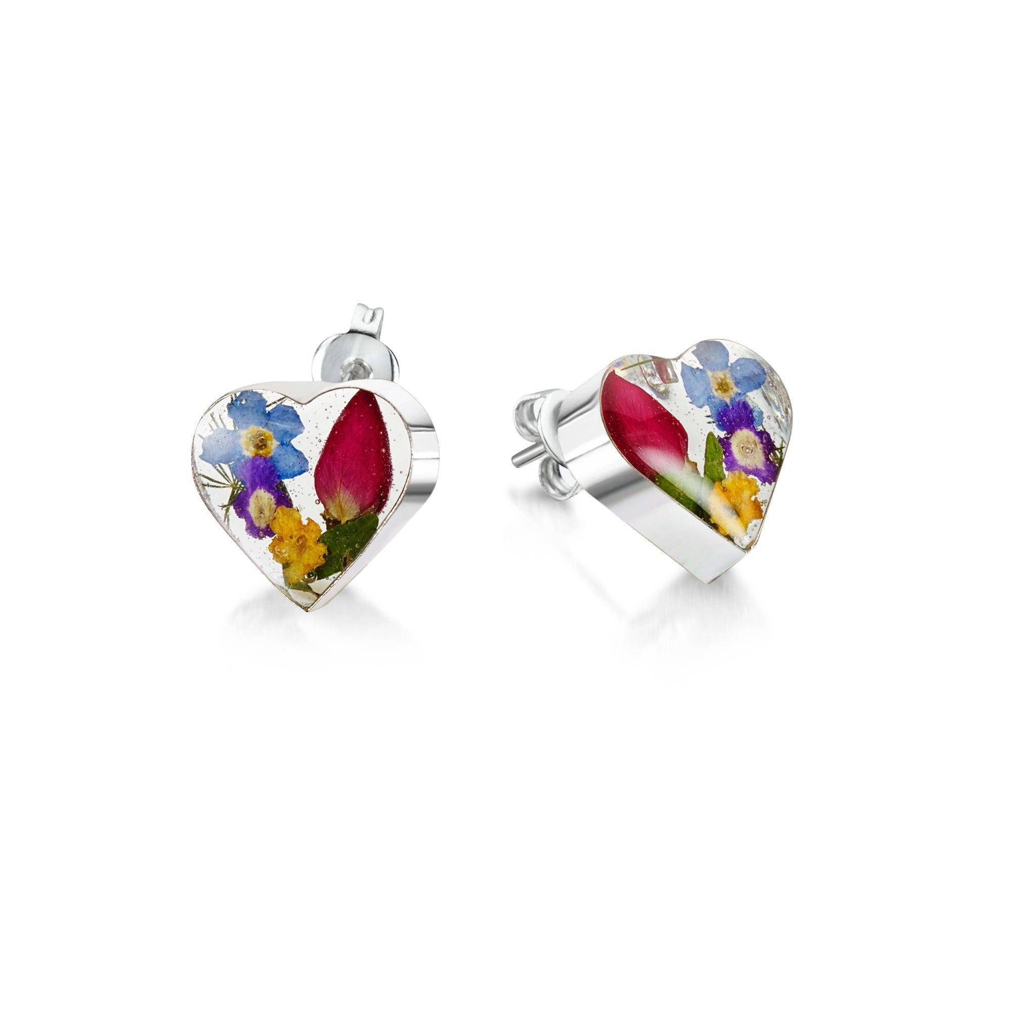 Handmade sterling silver heart stud earrings featuring real flowers, elegantly displayed in a stylish gift box.